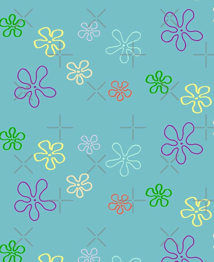 Spongebob Flower 桌布 壁紙 — 色彩鮮豔的輪廓花朵以柔和色調漂浮在帶有微妙十字圖案的青綠色背景上。
