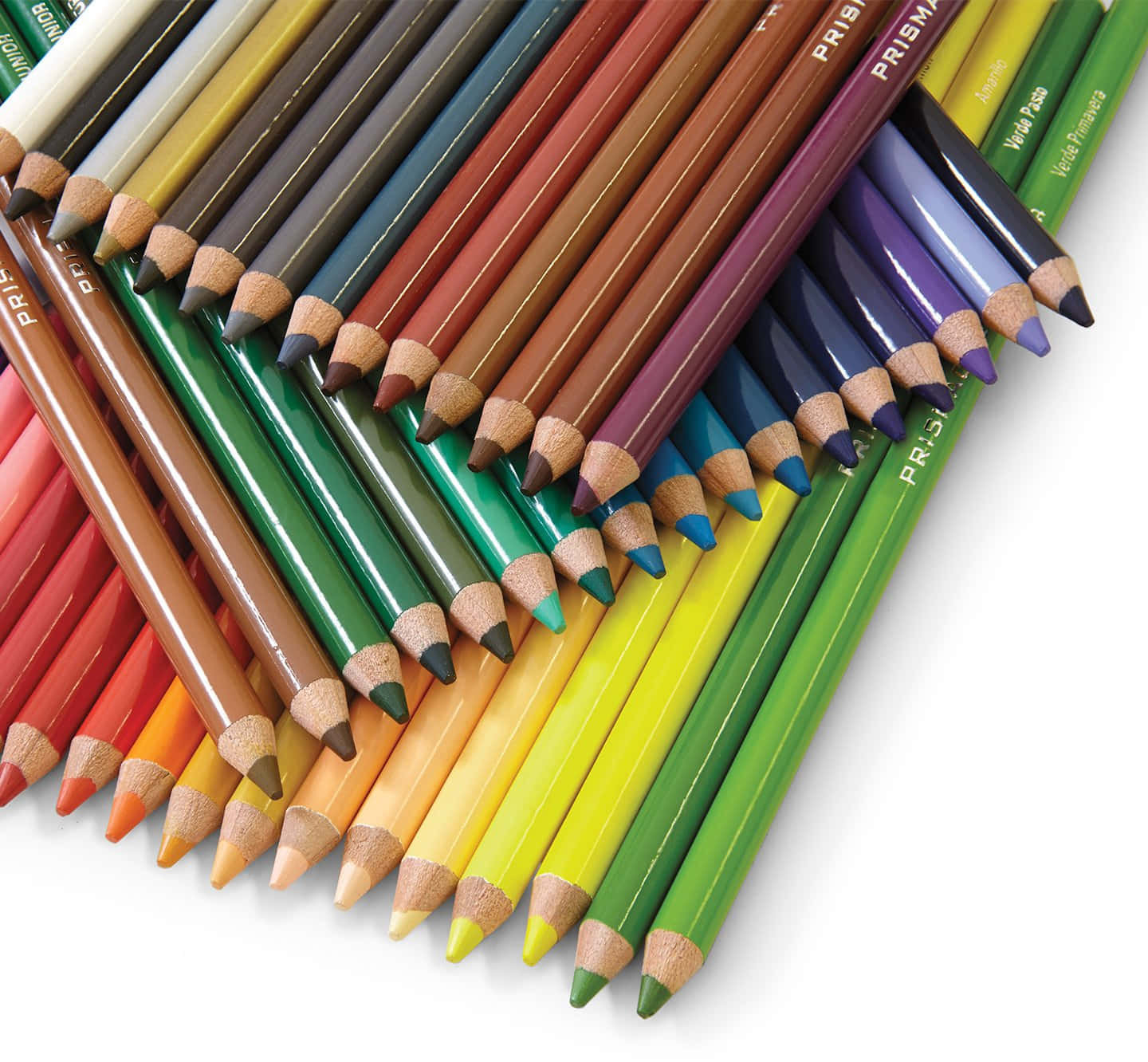 coloring 桌布 壁紙 — 色彩鮮豔的鉛筆以對角線扇形展開，在純白背景上展示從紅色到紫色的豐富色調。