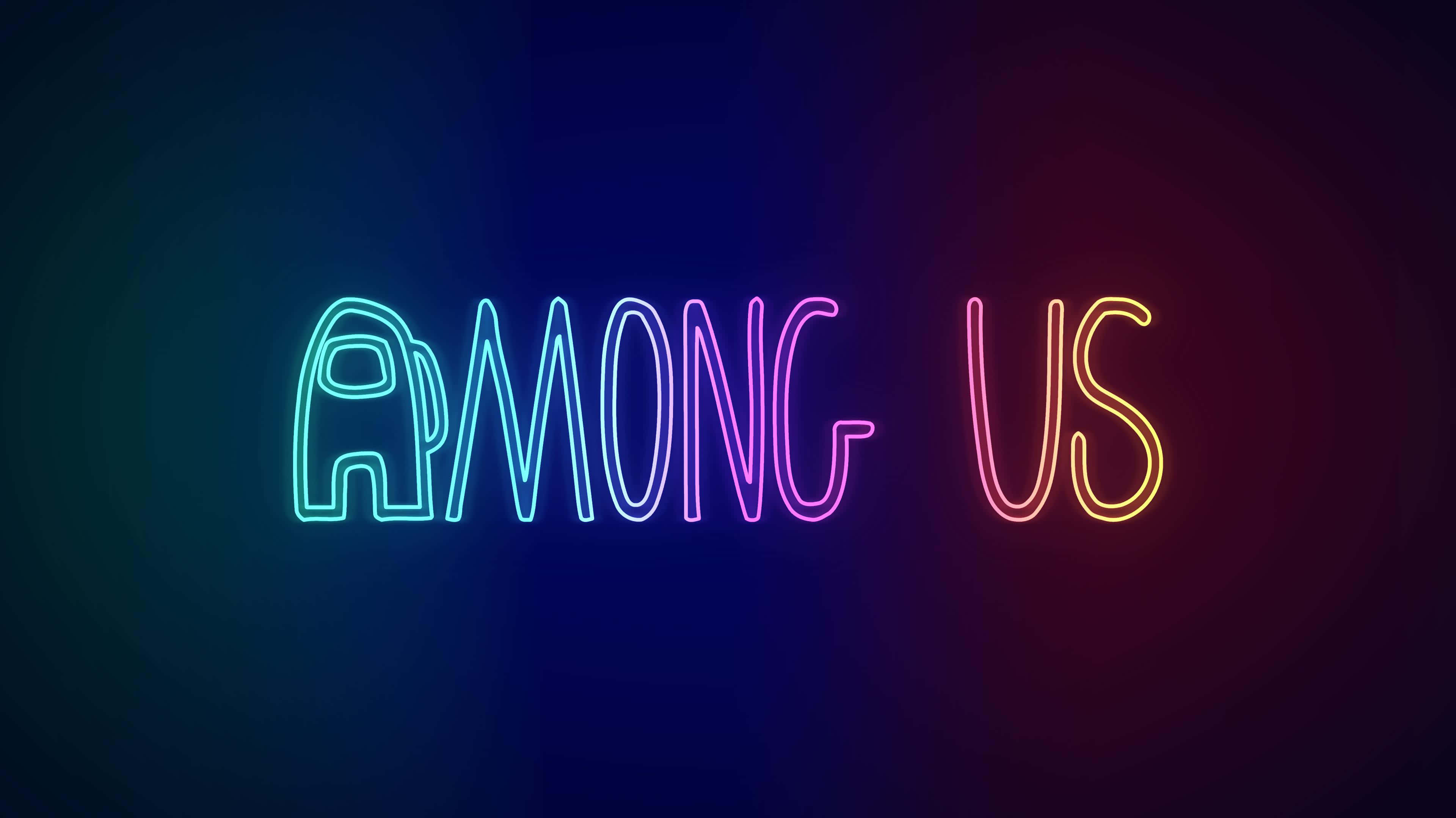 Among US Cool 桌布 壁紙 — 色彩鮮豔的霓虹燈牌拼出「AMONG US」，在深色漩渦背景上以漸變色調發光。