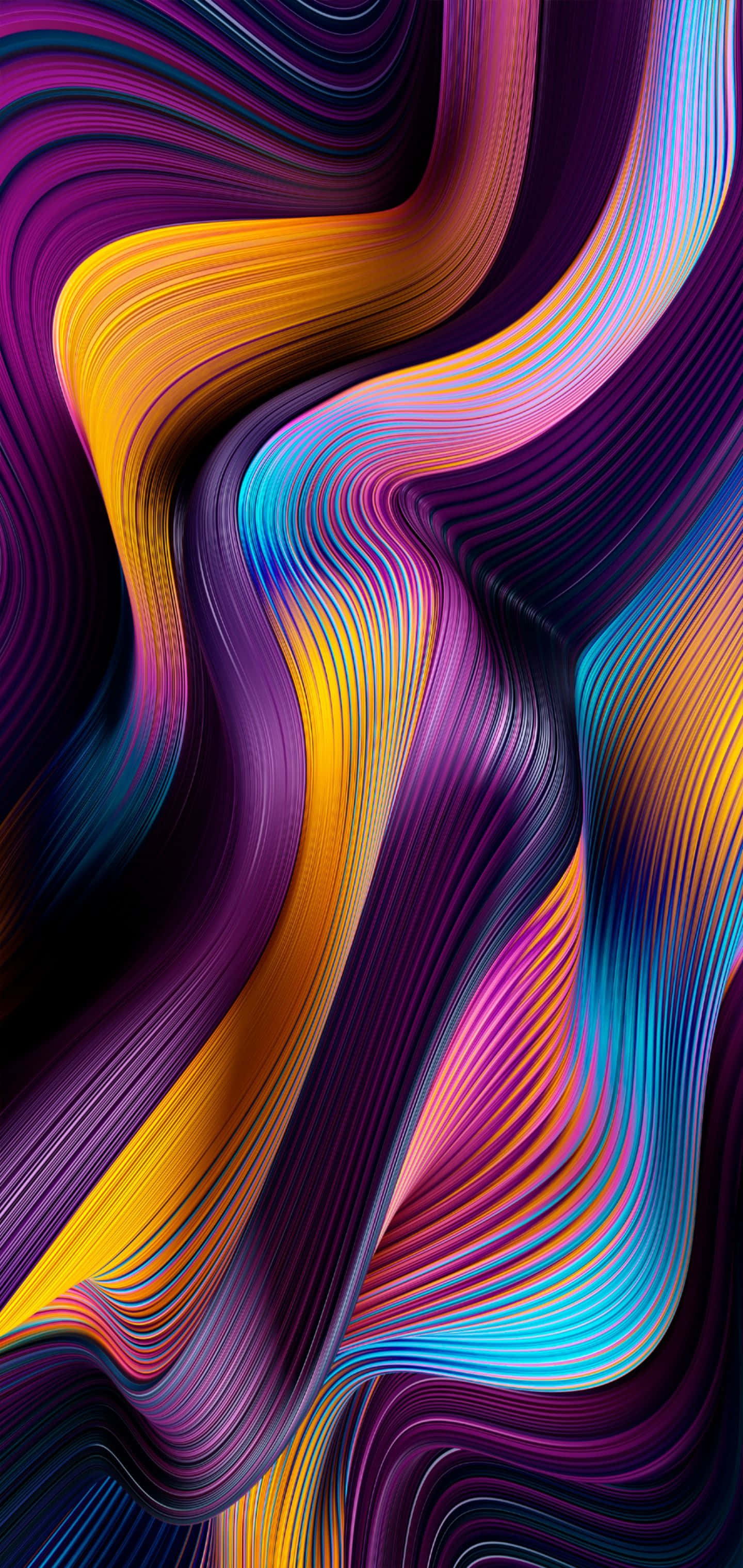 Apple iPhone Xs Max 桌布 壁紙 — 色彩鮮豔的霓虹色帶在深色背景上以動態波浪圖案流動。