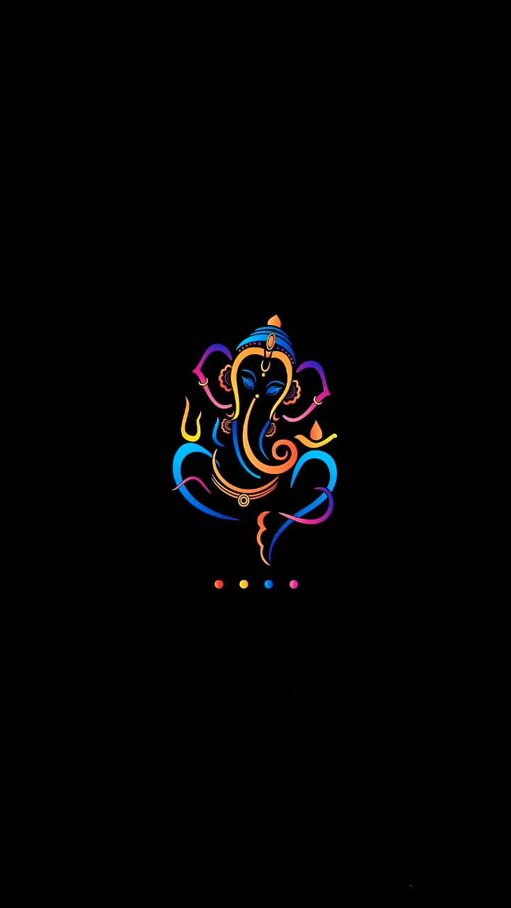 Ganesh 桌布 壁紙 — 色彩鮮豔的霓虹色象神插圖在純黑背景上發光，下方有彩色圓點。