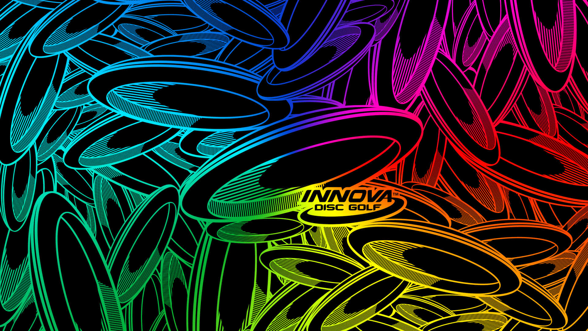 1920x1080 Frisbee 桌布 壁紙 — 色彩鮮豔的霓虹色飛盤高爾夫飛盤在黑色背景上以動態彩虹漸變旋轉。