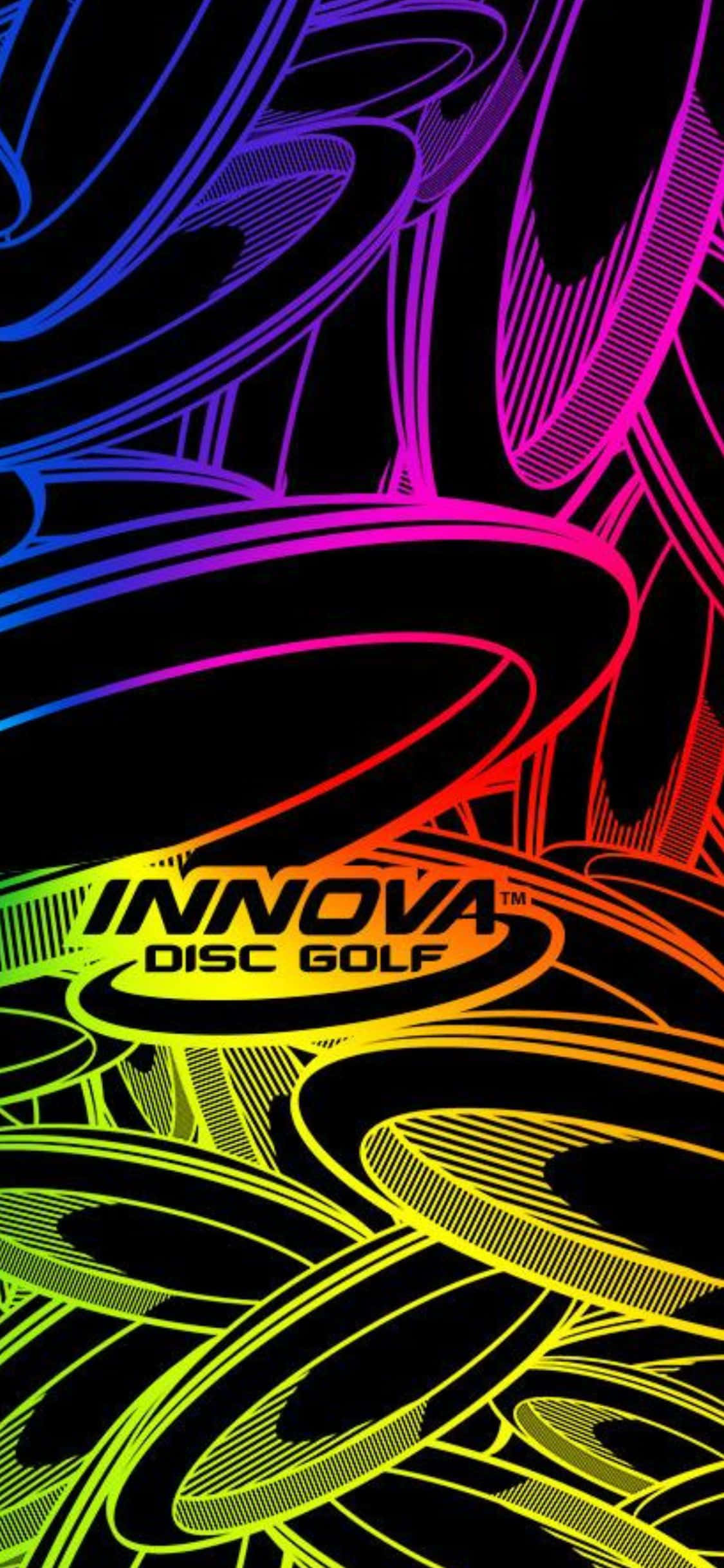 iPhone Xs Frisbee 桌布 壁紙 — 色彩鮮豔的霓虹色飛盤高爾夫飛盤在黑色背景上動態旋轉，帶有粗體品牌標誌。