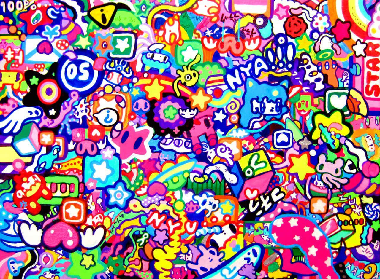 Kidcore Aesthetic 桌布 壁紙 — 色彩鮮豔的霓虹貼紙和卡通圖示混亂爆發，營造出俏皮且充滿活力的數位拼貼畫。