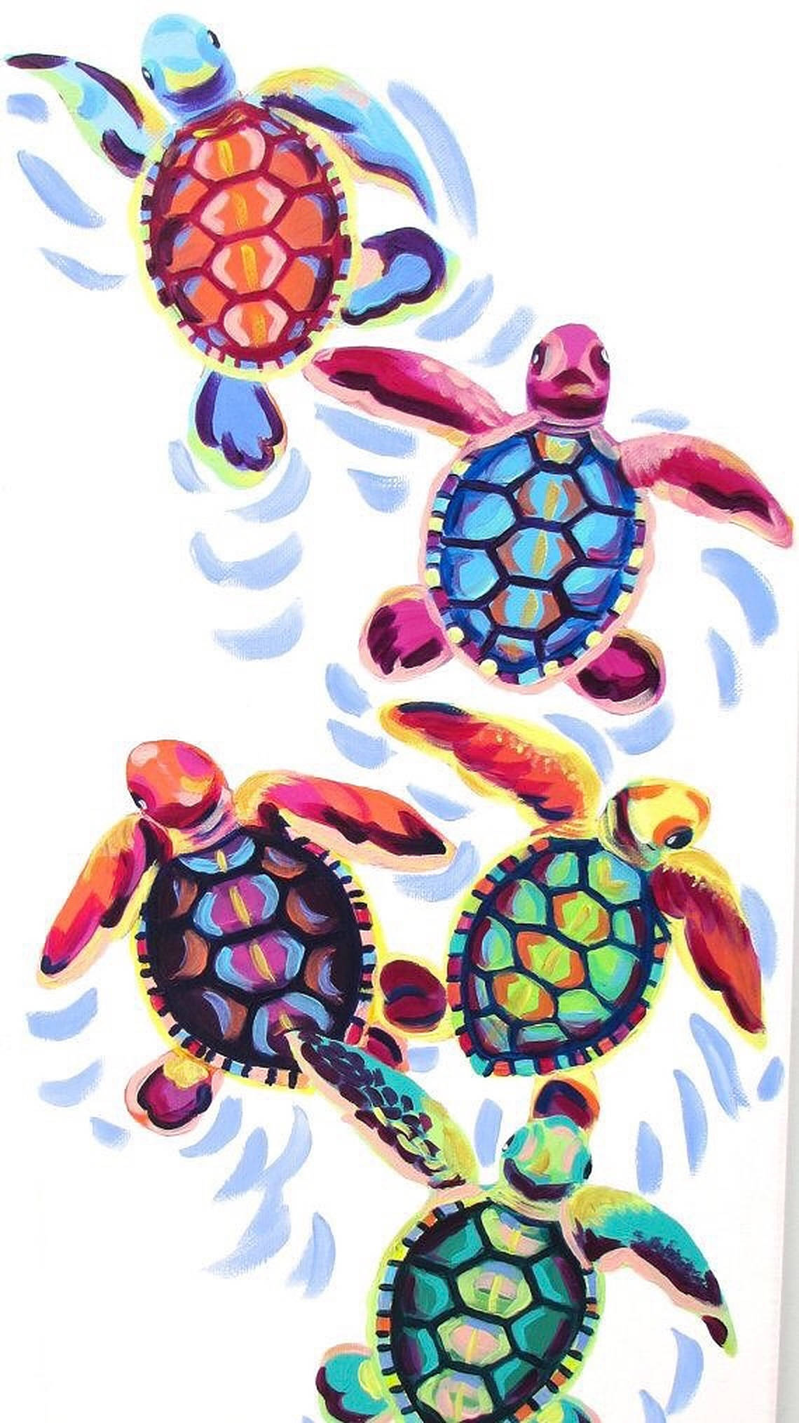 Turtle 桌布 壁紙 — 色彩鮮豔的風格化海龜在白色背景上以色彩繽紛的抽象圖案向上游動。