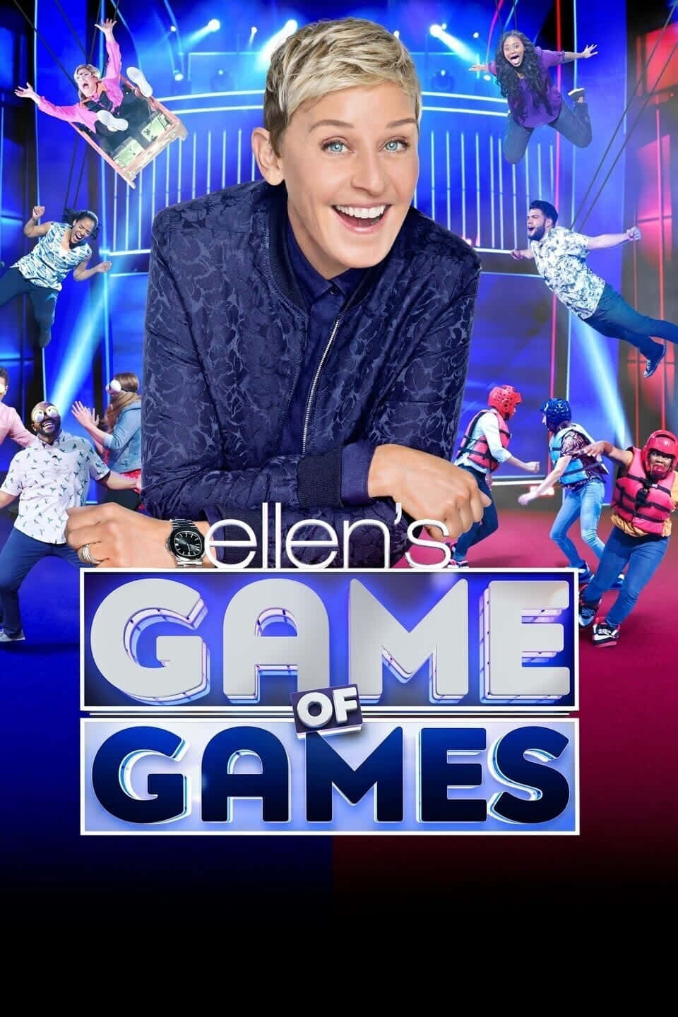game 桌布 壁紙 — 艾倫·狄珍妮在充滿活力的藍色和紅色舞台燈光下，於遊戲進行中被充滿活力的嘉賓圍繞，在攝影棚中閃耀光芒。