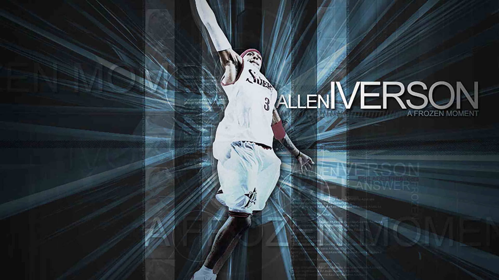 NBA 桌布 壁紙 — 艾倫·艾佛森在半空中灌籃，帶有動態藍色光條和文字疊加效果。