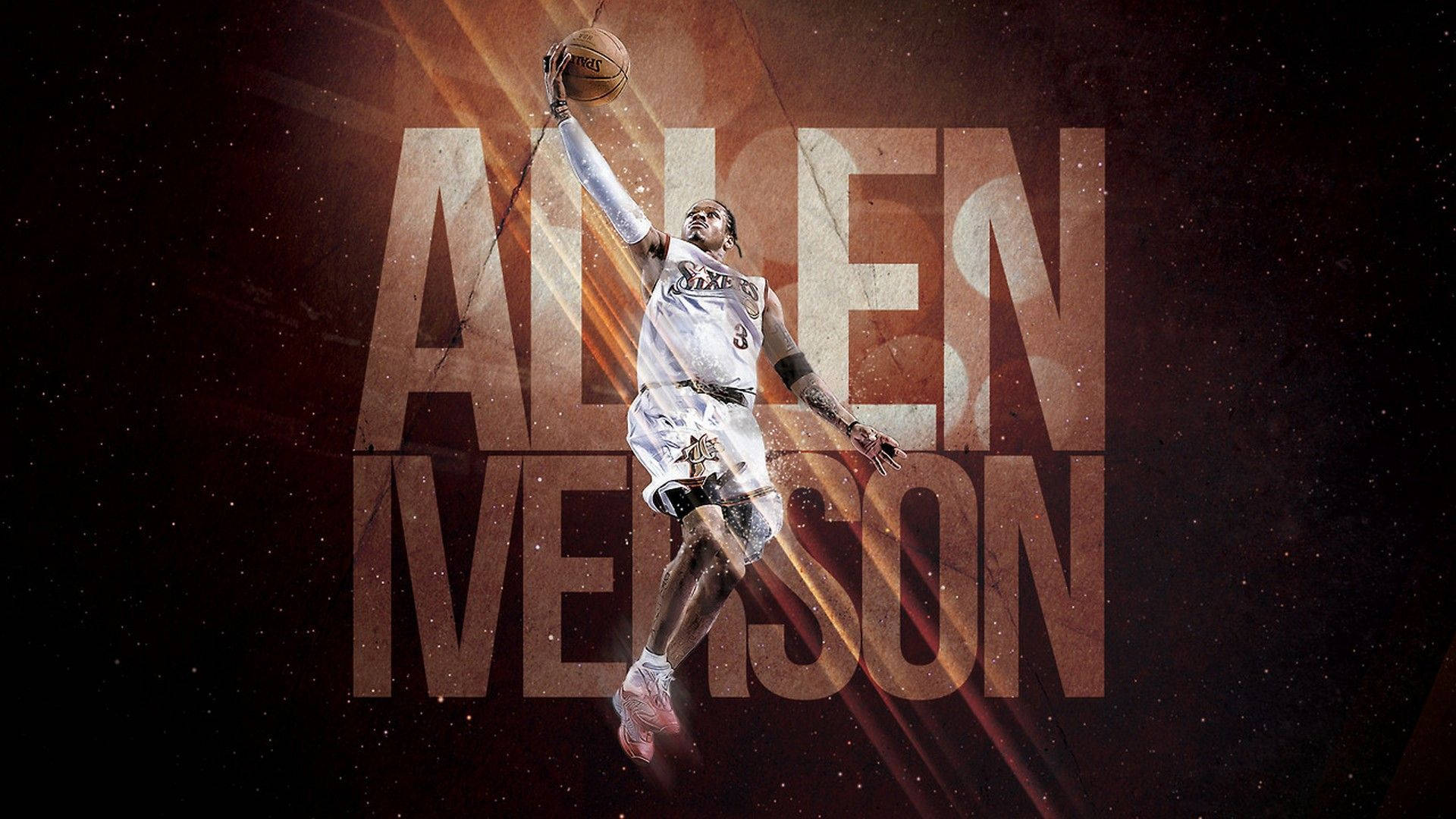 Allen Iverson 桌布 壁紙 — 艾倫·艾佛森在黑暗宇宙背景中，手持籃球，動態地躍起，帶有發光的橙色文字。