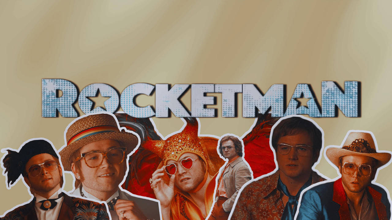 Rocketman 桌布 壁紙 — 艾爾頓·約翰身穿色彩繽紛的70年代服裝的拼貼畫，以閃亮字體呈現「ROCKETMAN」標題，背景為溫暖的米色。