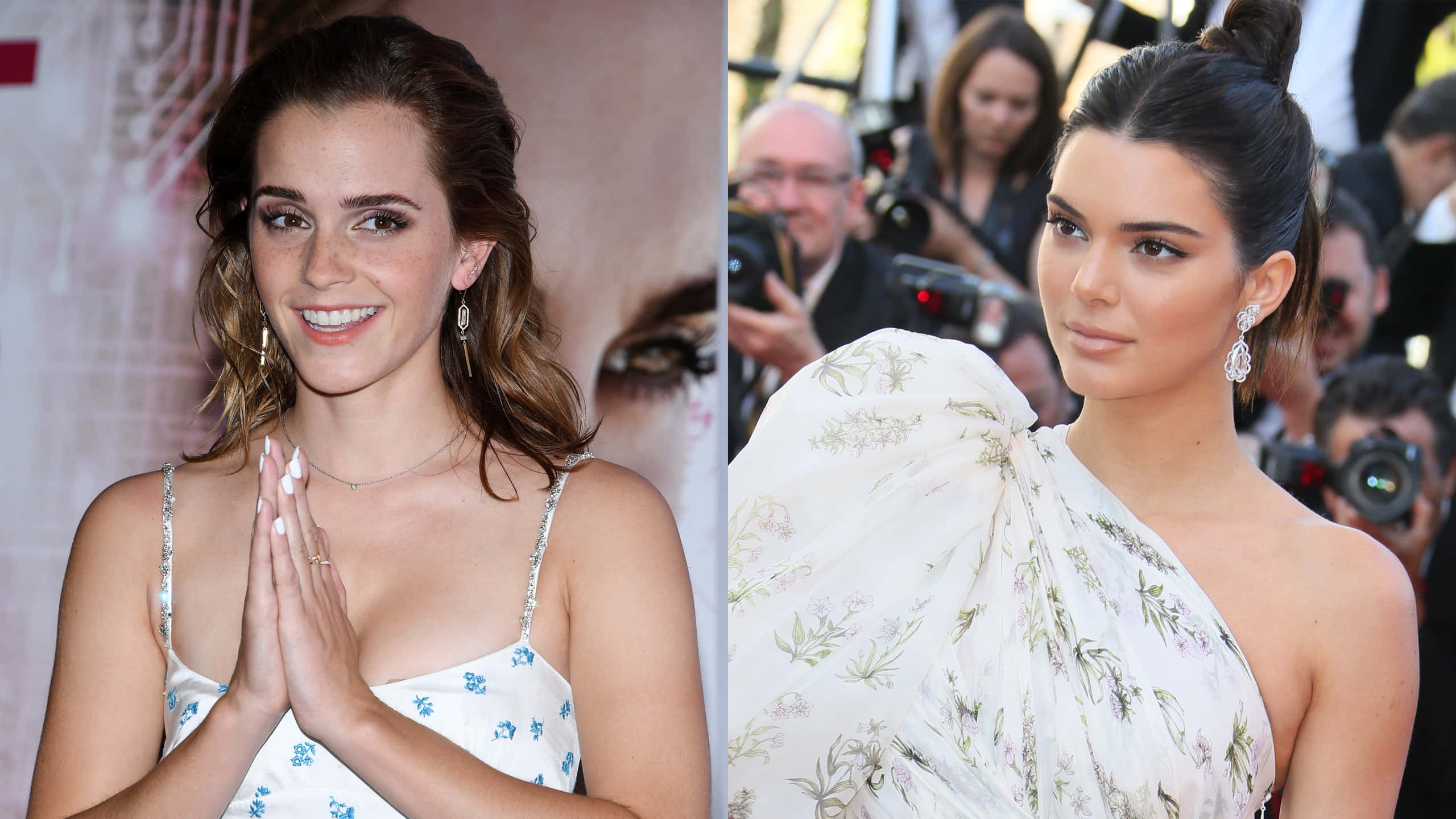 Emma Watson 桌布 壁紙 — 艾瑪華森在白色花卉裙中溫暖微笑，而坎達兒珍娜在紅地毯活動中以單肩花卉禮服優雅擺姿勢。