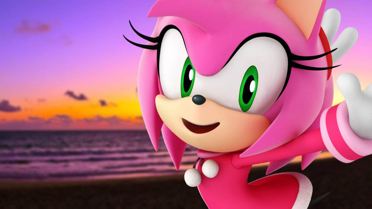 Amy Rose 桌布 壁紙 — 艾米·羅斯在充滿活力的日落海灘背景下，帶著紫色、橙色和黃色的色調愉快地揮手。
