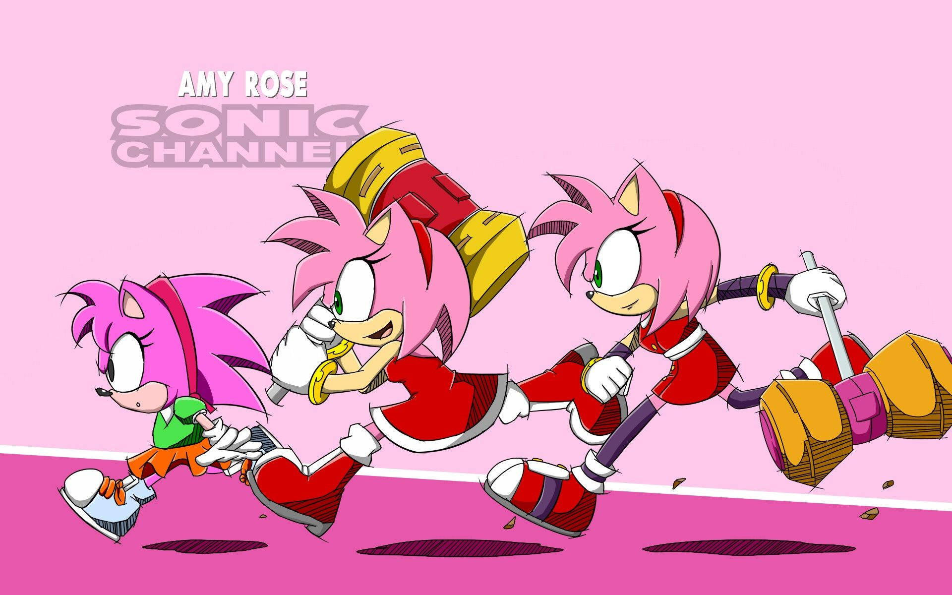 Amy Rose 桌布 壁紙 — 艾米·羅斯在純粉紅色背景前以動態動畫姿勢揮舞著錘子向前衝刺。