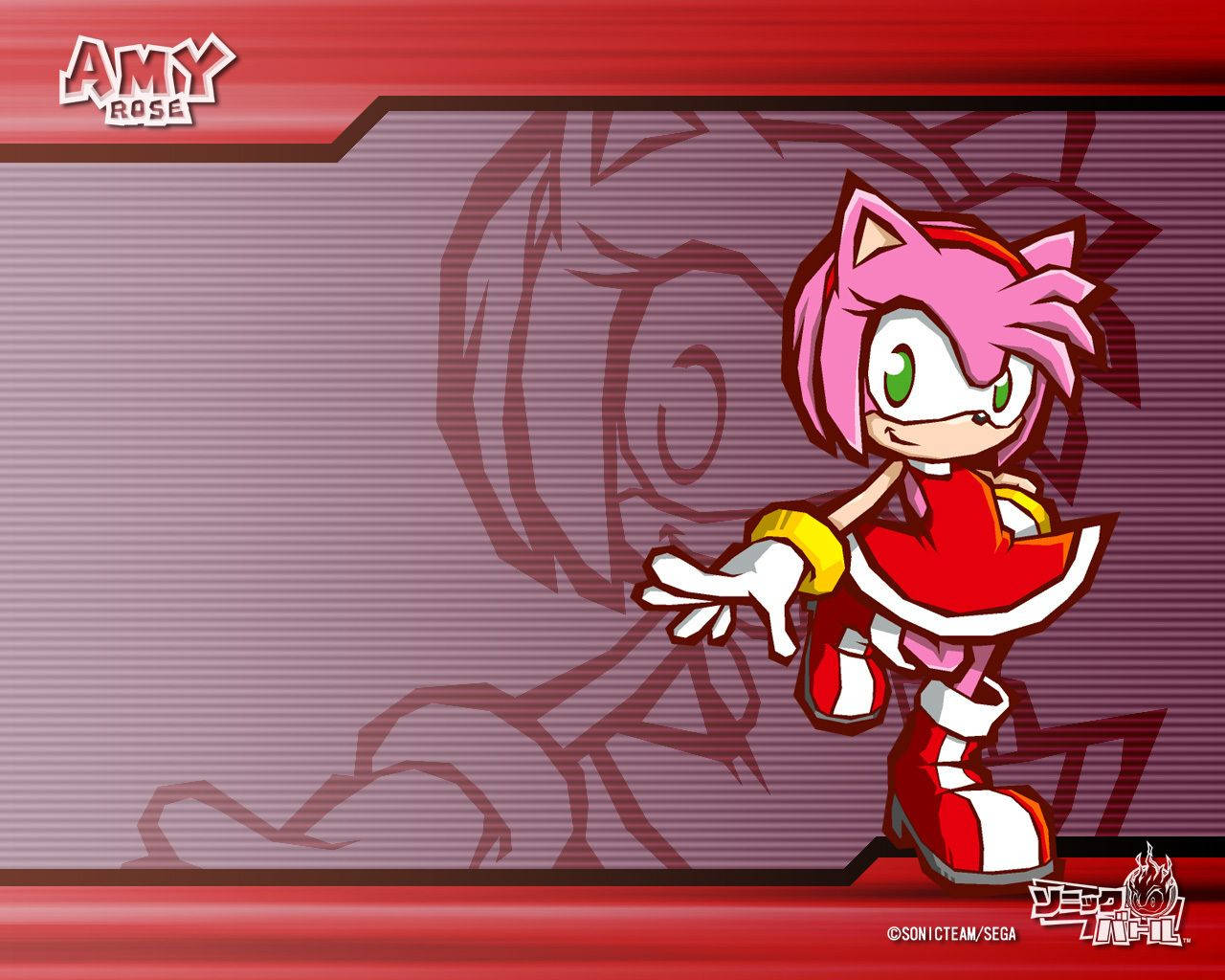 Amy Rose 桌布 壁紙 — 艾米·羅斯身穿紅白服裝，在紫色條紋背景前自信擺姿勢，左上角有她的名字。