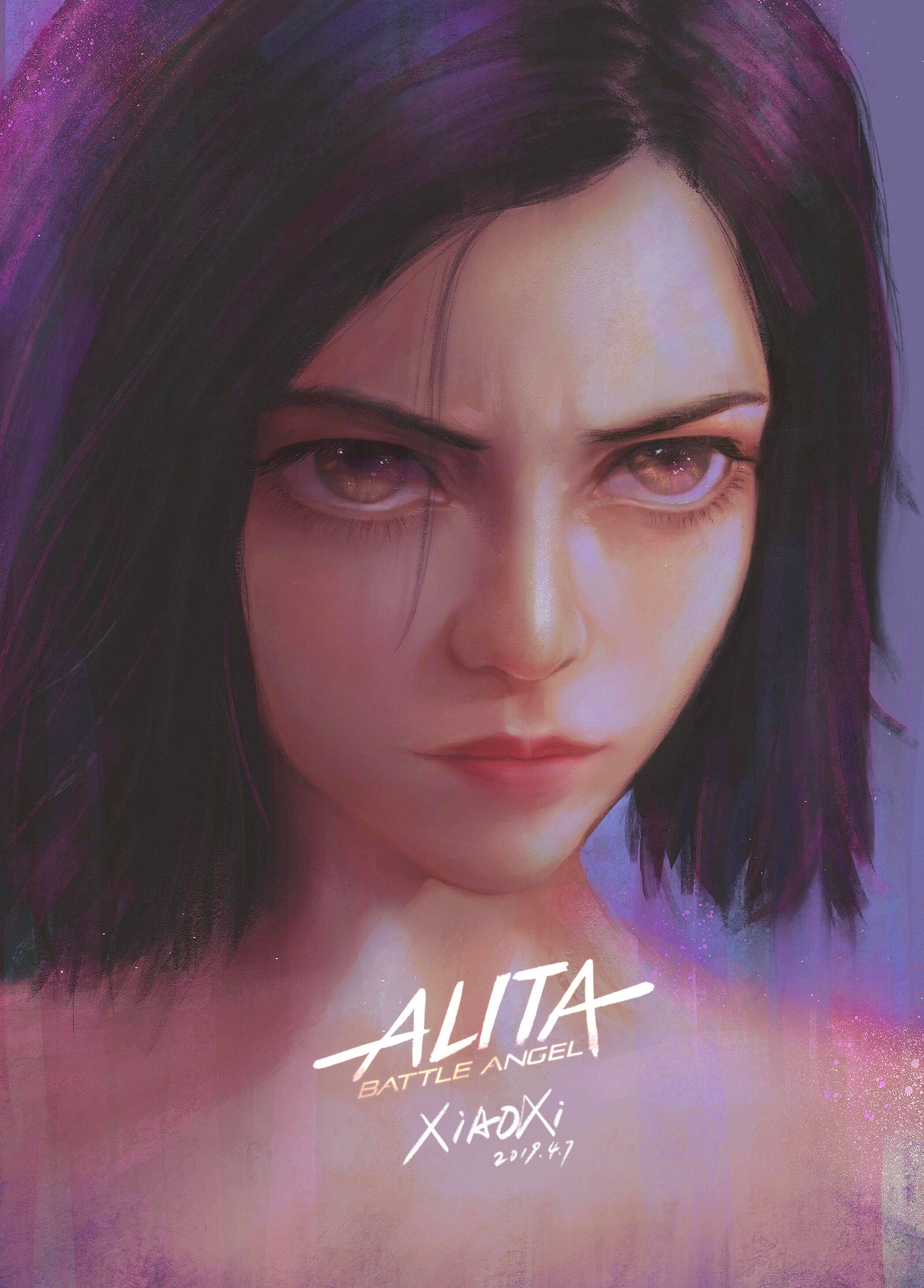 Alita Battle Angel 桌布 壁紙 — 艾莉塔的 close-up 肖像，眼神強烈，短黑髮，背景是發光的紫色和粉紅色。