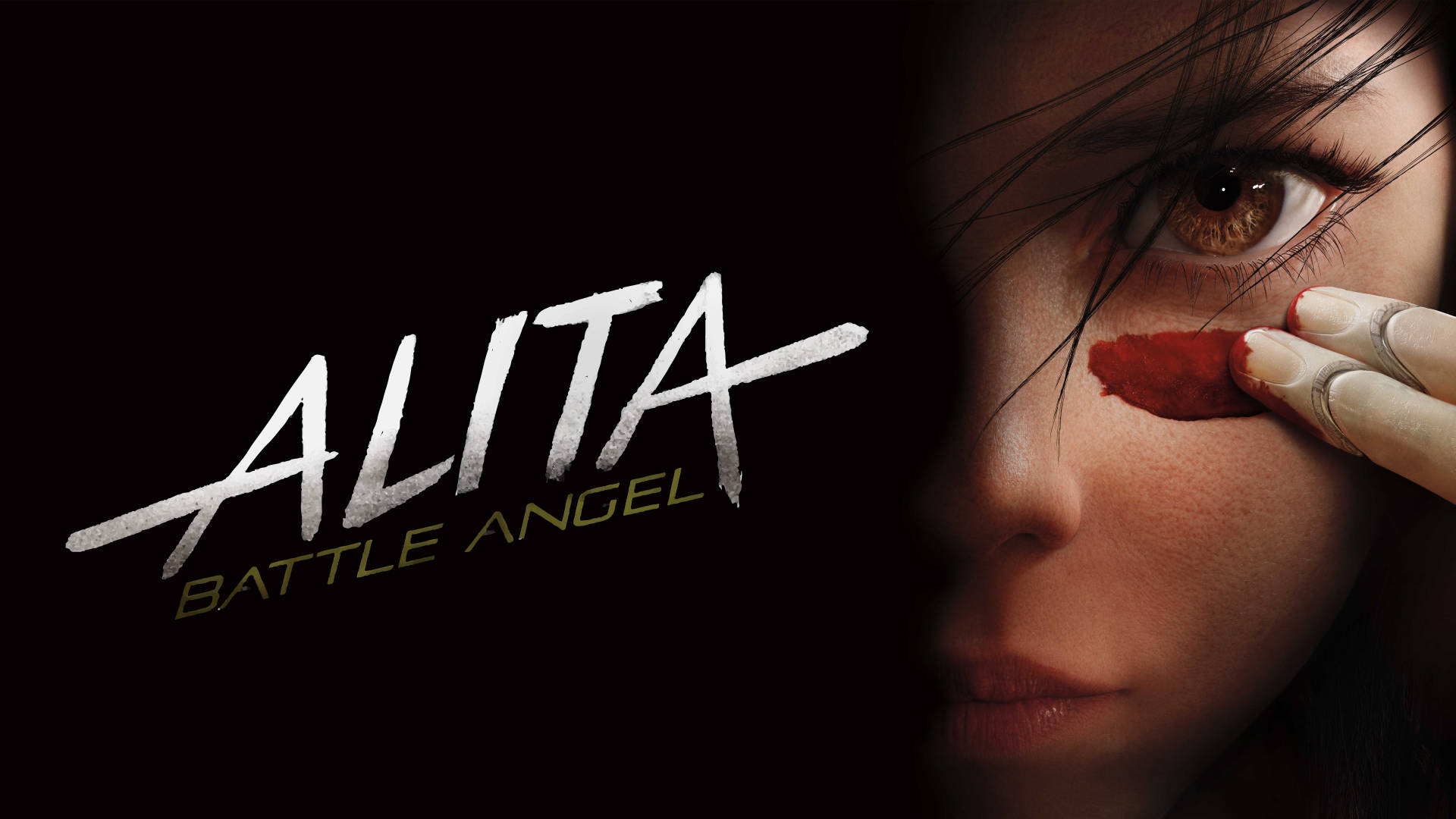 Alita Battle Angel 桌布 壁紙 — 艾莉塔的臉部特寫，她將血抹在臉頰上，背景為黑色並帶有電影標題。