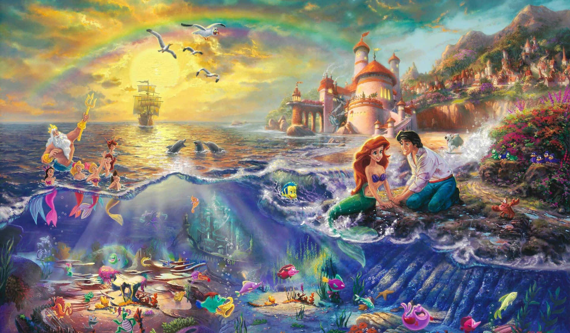 little mermaid 桌布 壁紙 — 艾莉奧與艾力王子在岩石海岸上分享溫馨時刻，一個充滿活力的海底王國和陽光普照的美人魚宮殿在他們下方和背後閃耀。