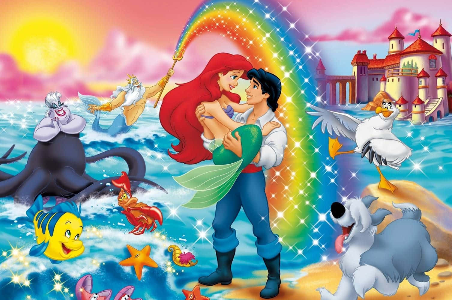 little mermaid 桌布 壁紙 — 艾莉奧與艾瑞克在閃爍的彩虹下擁抱，海洋生物和城堡從海洋和岸邊觀看。