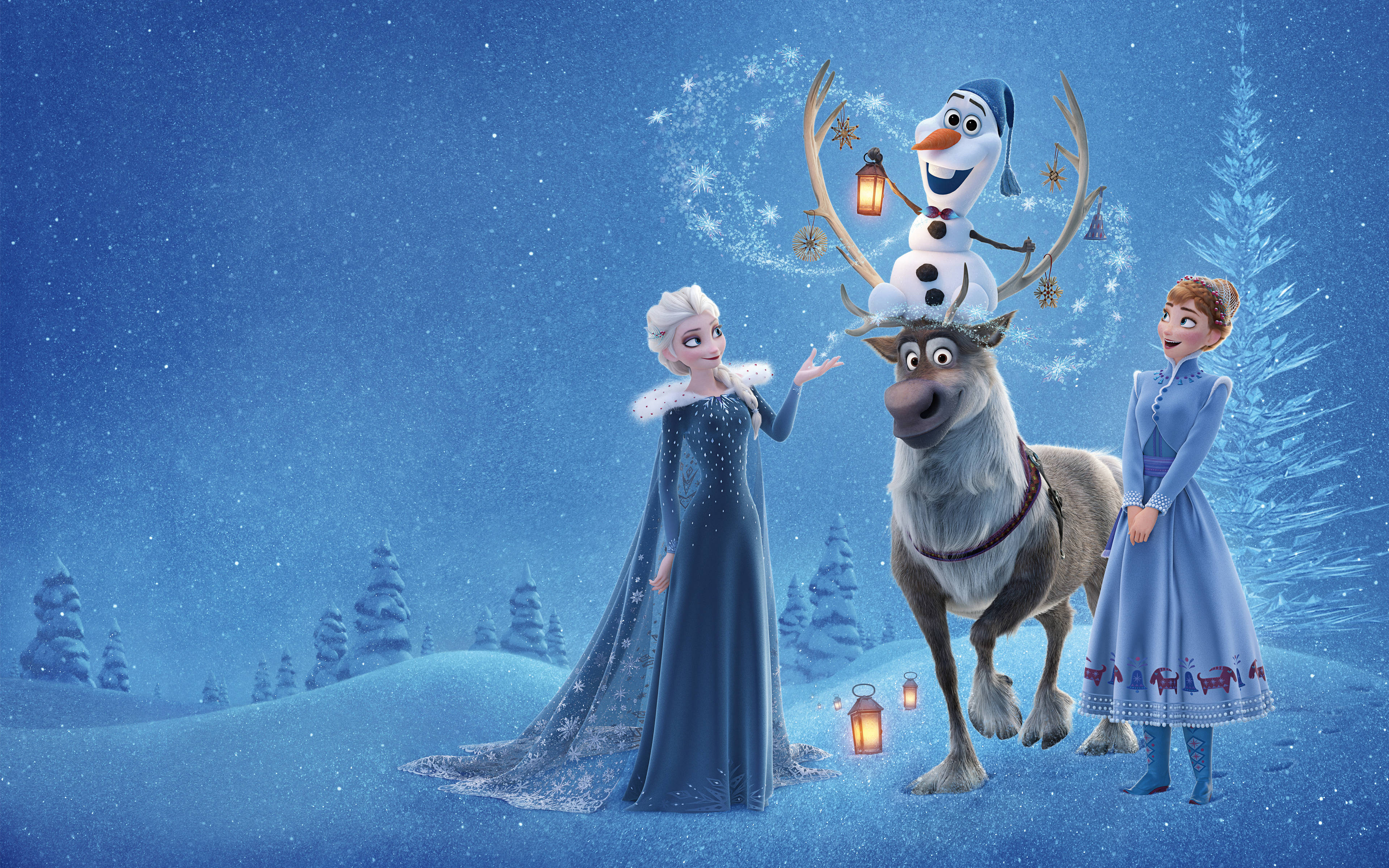 Frozen Elsa 桌布 壁紙 — 艾莎、安娜和雪寶站在白雪皚皚的冬日仙境中，與馴鹿斯文一起，在繁星點點的藍天下。