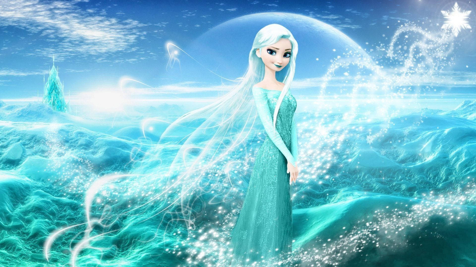 冰雪奇緣2 桌布 壁紙 — 艾莎優雅地站在閃閃發光的冰景中，在明亮的藍天下，雪花在她周圍旋轉。
