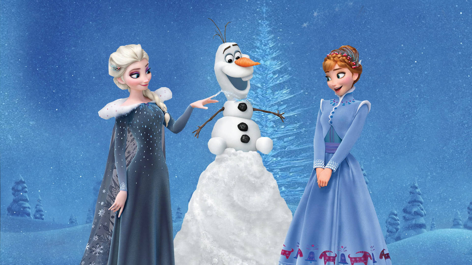 Frozen Elsa 桌布 壁紙 — 艾莎和安娜在繁星點點的藍天下，站在雪白的冬季仙境中，旁邊是雪寶。