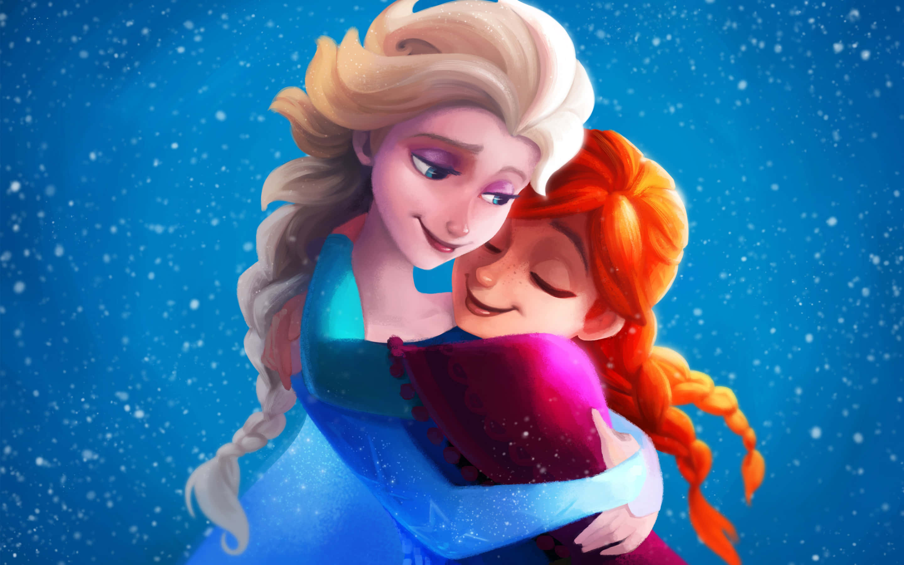 sisters 桌布 壁紙 — 艾莎和安娜在飄雪的藍色背景下溫暖地擁抱。