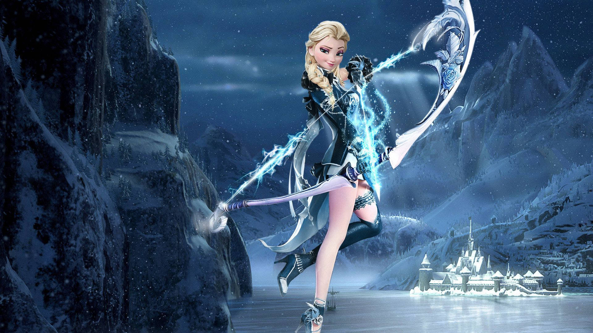 冰雪奇緣2 桌布 壁紙 — 艾莎在星夜下揮舞著發光的冰弓，周圍是雪山，遠處有一座冰封的城堡。