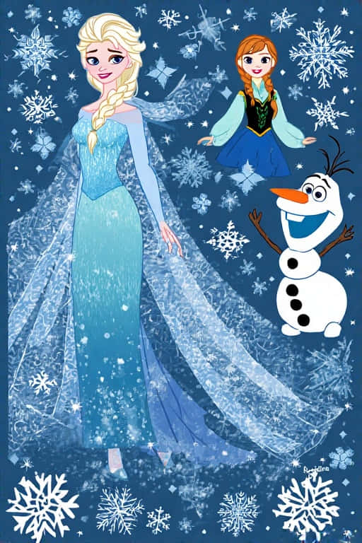 Frozen Elsa & Anna Winter 壁紙 — 艾莎穿著冰藍色禮服，站在安娜和雪寶旁邊，背景是充滿雪花的雪藍色。