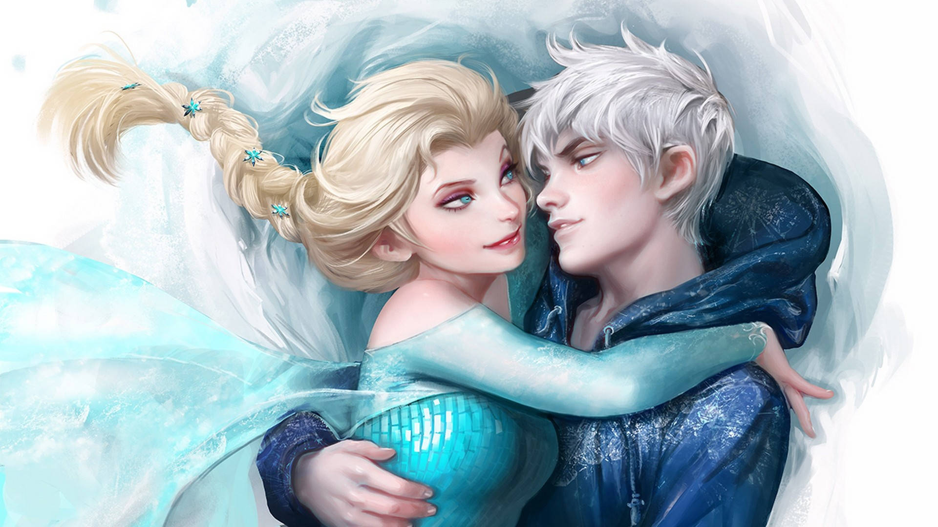 Frozen Elsa 桌布 壁紙 — 艾莎與傑克·弗羅斯特在旋轉的冰藍色光環中溫柔擁抱，她編織的頭髮上有星形裝飾。