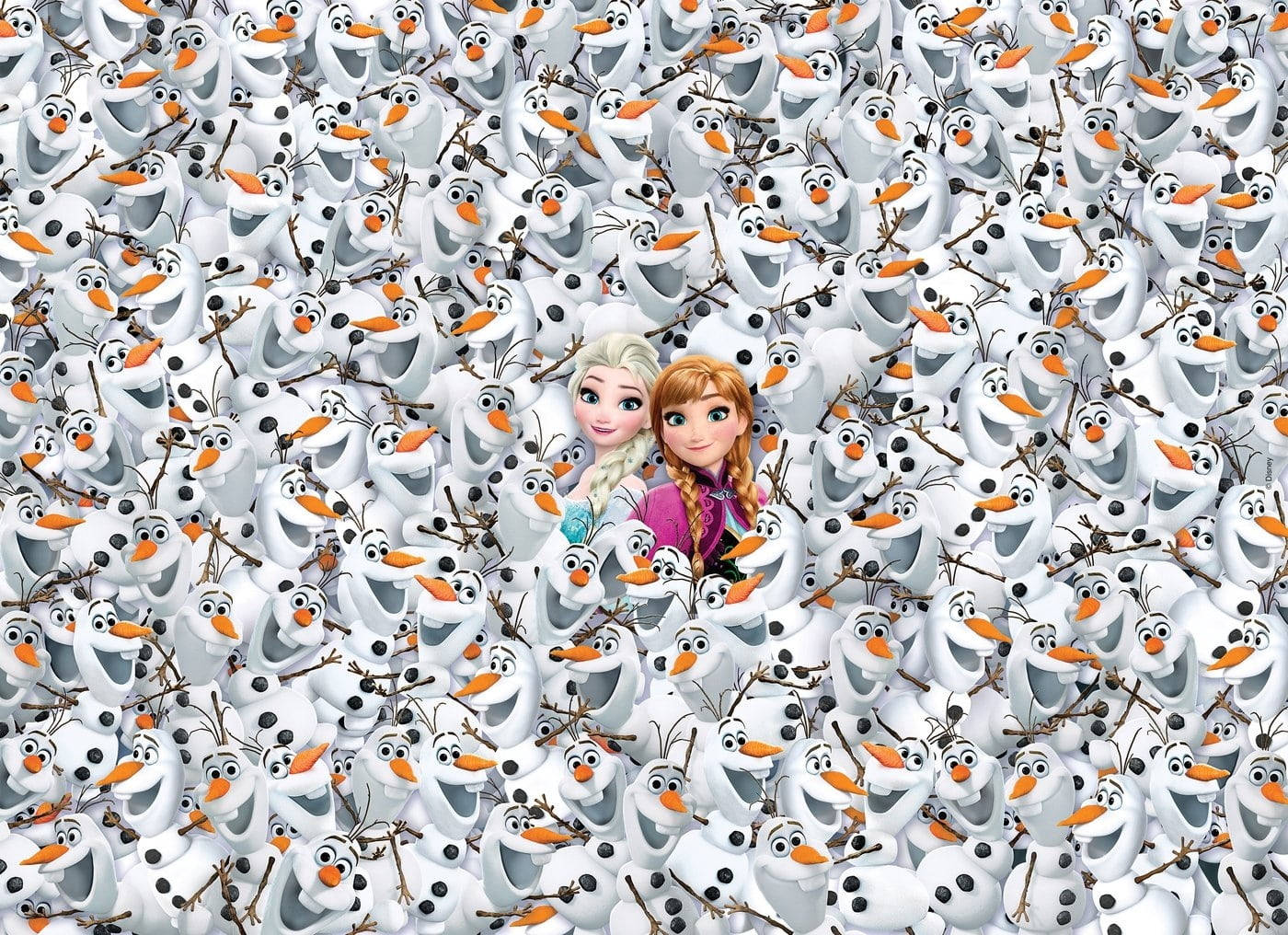 anna 桌布 壁紙 — 艾莎與安娜在一片相同的雪人奧拉夫中脫穎而出，構成充滿活力的迪士尼《冰雪奇緣》場景。