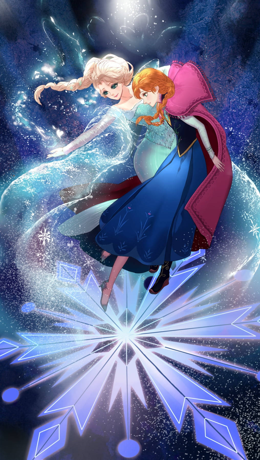 anna 桌布 壁紙 — 艾莎與安娜在閃耀的冰魔法與雪花中漂浮，背景是繁星點點的宇宙。