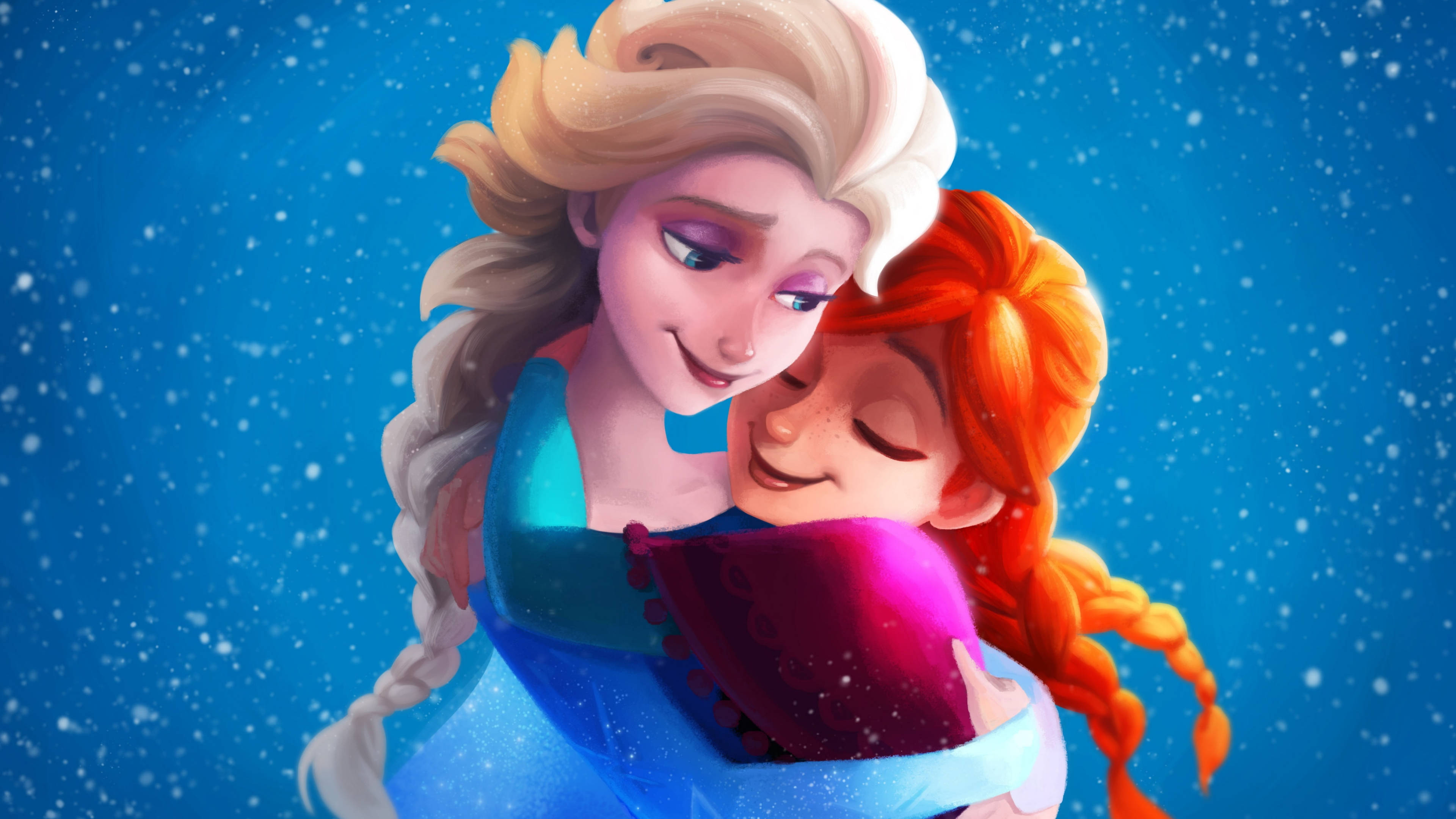 Frozen Elsa 桌布 壁紙 — 艾莎與安娜在飄雪的藍色背景下溫暖擁抱。