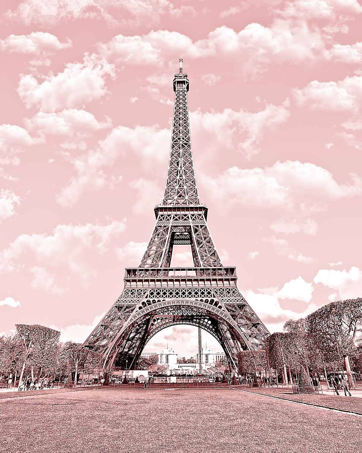 Eiffel Tower 桌布 壁紙 — 艾菲爾鐵塔在夢幻般的粉紅色天空下高高聳立，蓬鬆的雲朵和光禿禿的樹木襯托著這個標誌性的巴黎地標。