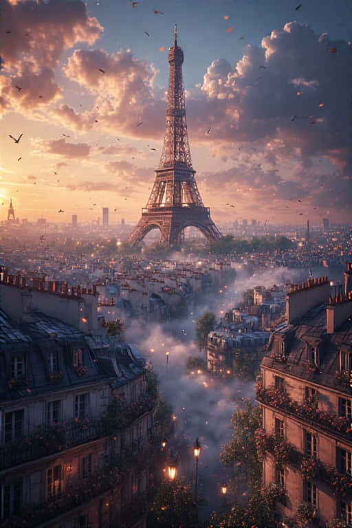 Eiffel Tower at Sunrise Paris Rooftops 4K 壁紙 — 艾菲爾鐵塔在日落時分雄偉地聳立於巴黎之上，金色光芒沐浴著城市景觀，鳥兒在粉紅色的雲層中翱翔。