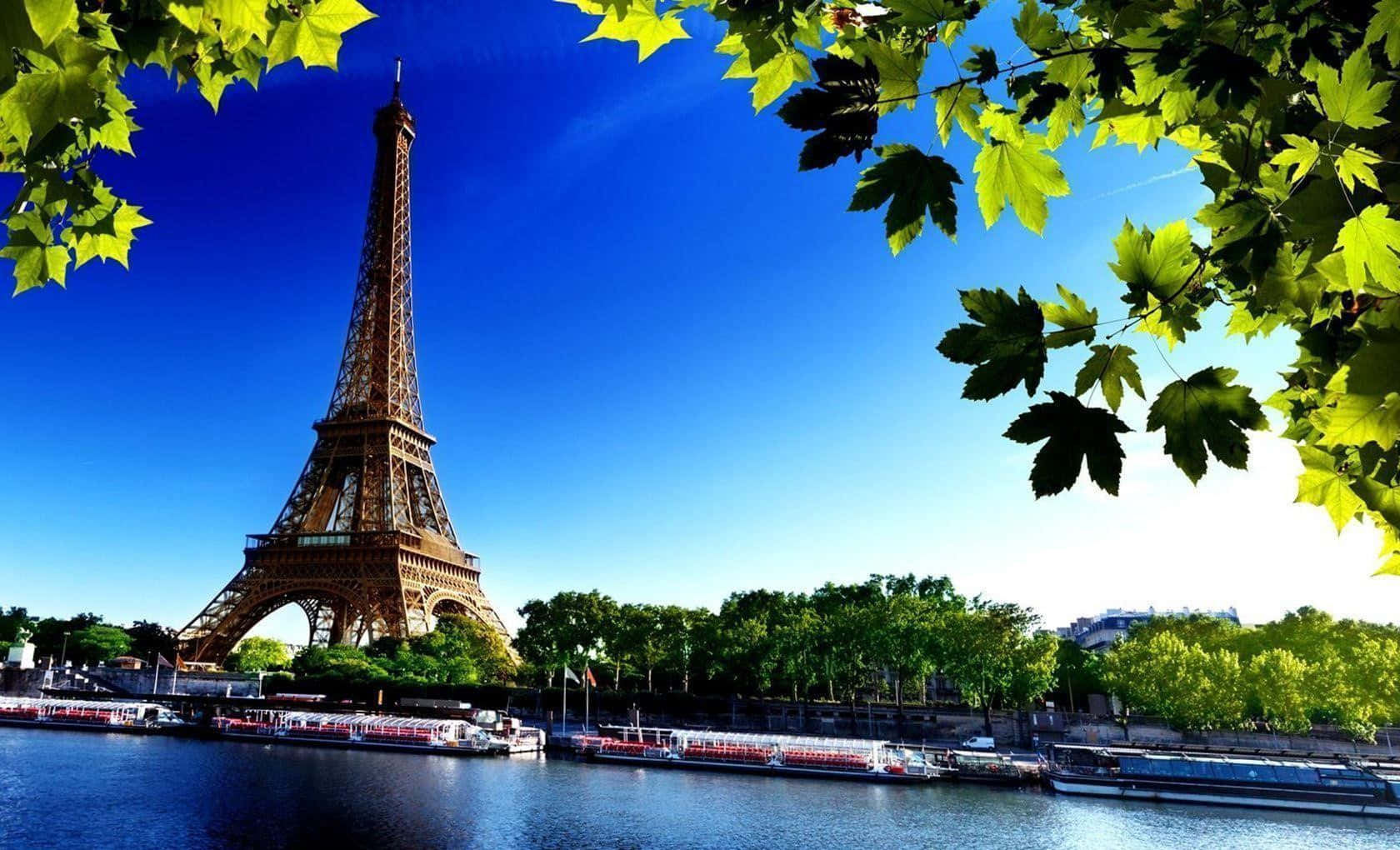 Eiffel Tower 桌布 壁紙 — 艾菲爾鐵塔在晴朗的藍天下高聳，被鮮綠的樹葉環繞，塞納河畔停泊著船隻。