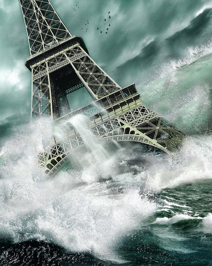 Eiffel Tower 桌布 壁紙 — 艾菲爾鐵塔在暴風雨的天空下，在翻騰的青綠色海浪中挑釁地矗立，鳥兒在頭頂飛翔。