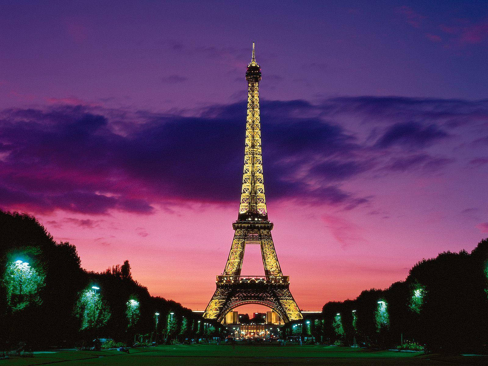 Paris Eiffel Tower 桌布 壁紙 — 艾菲爾鐵塔在深色樹木襯托下，於戲劇性的紫色和粉紅色暮色天空中閃耀著金色光芒。