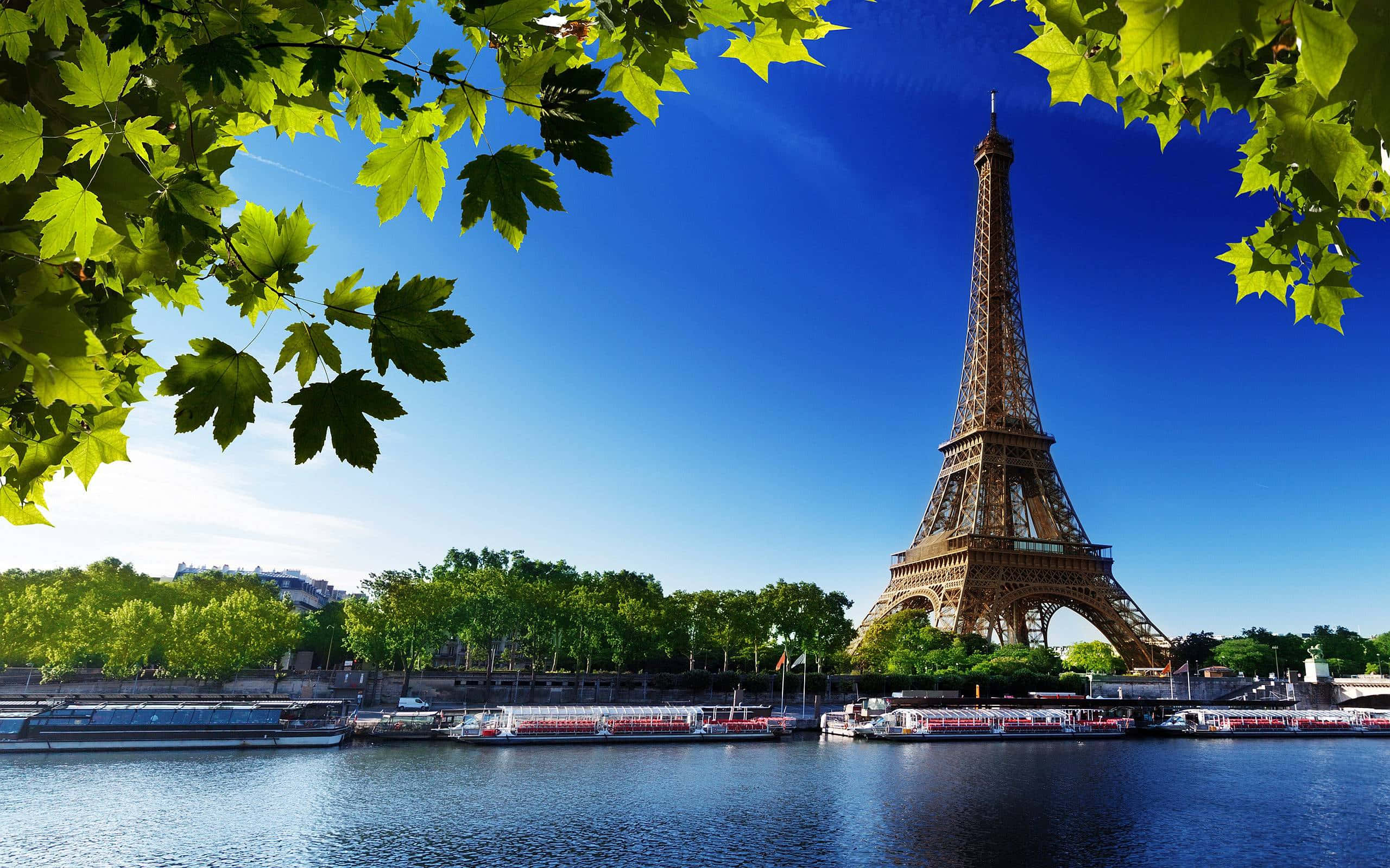 Eiffel Tower 桌布 壁紙 — 艾菲爾鐵塔在清澈的藍天下高聳，周圍環繞著鮮綠的樹葉，塞納河沿岸停泊著船隻。