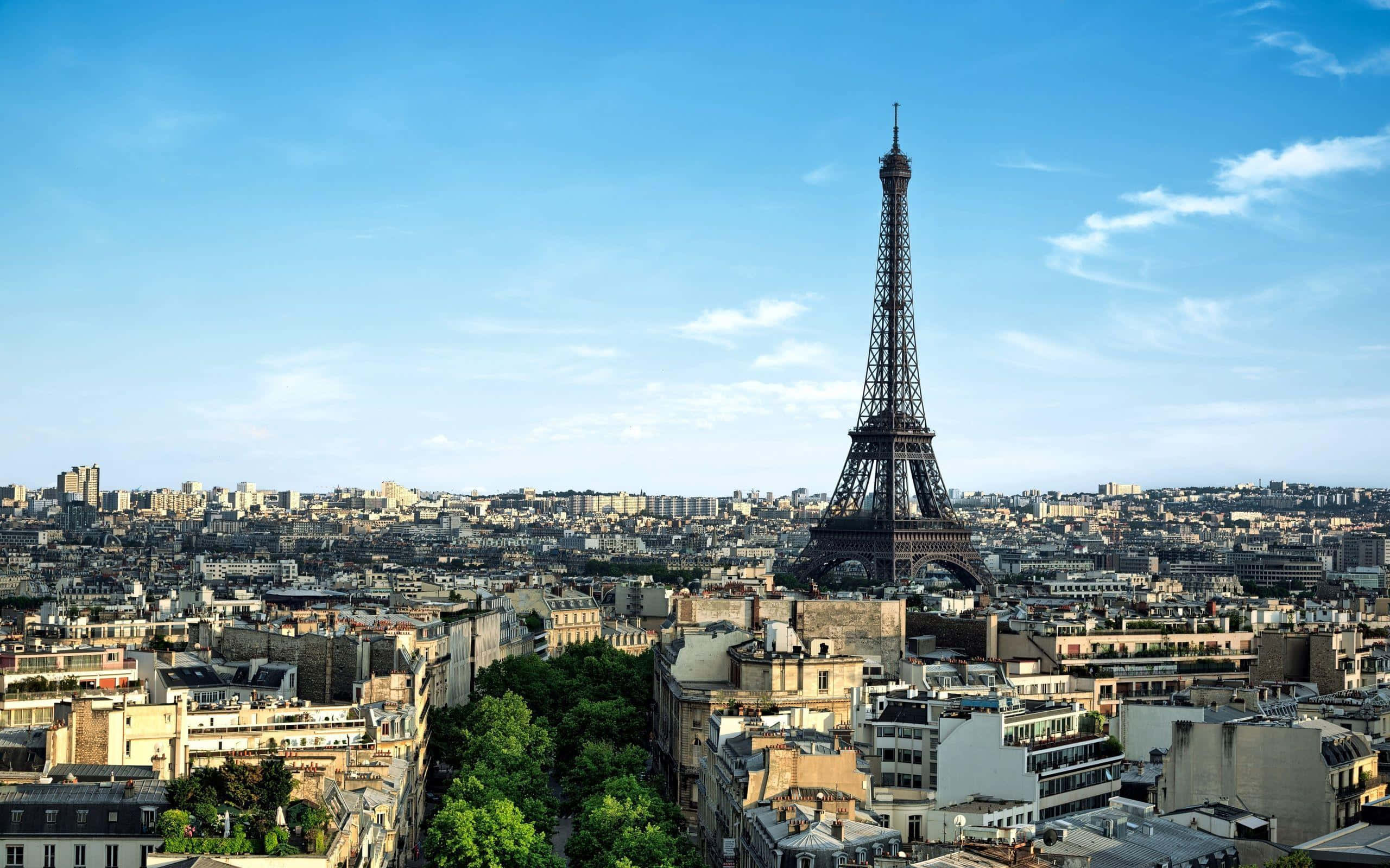 Eiffel Tower 桌布 壁紙 — 艾菲爾鐵塔在清澈藍天和零星白雲下，雄偉地聳立在巴黎屋頂之上。