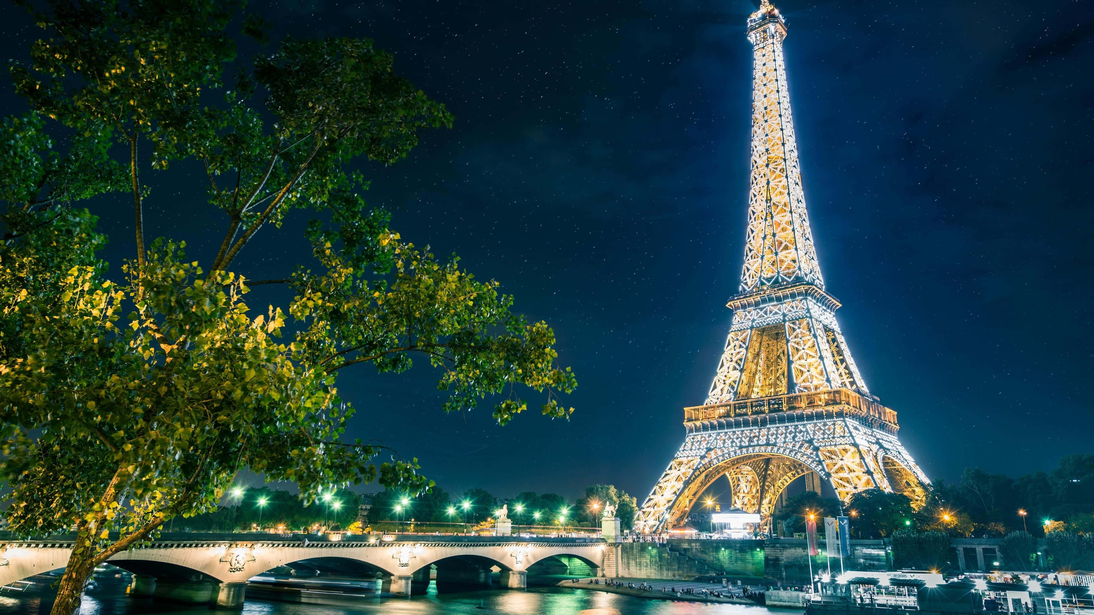 Paris Aesthetic 桌布 壁紙 — 艾菲爾鐵塔在繁星點點的夜空下閃耀，前景有樹木和橋樑。