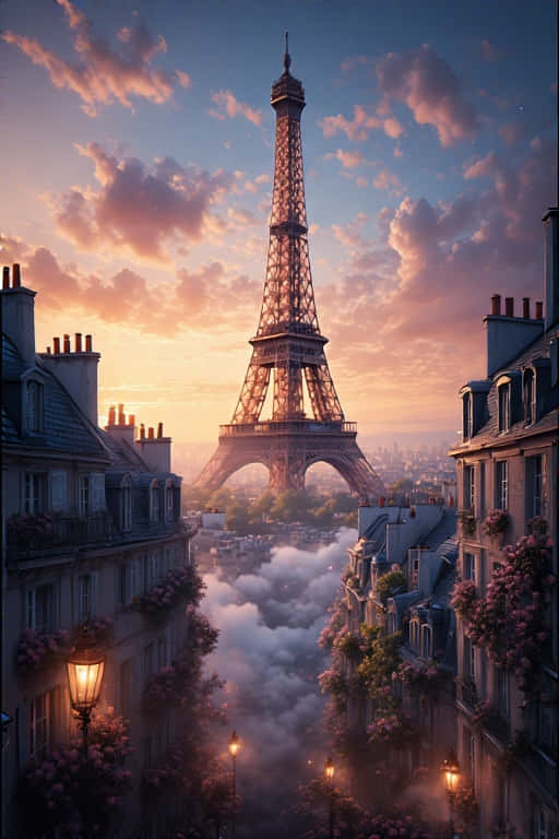 Eiffel Tower at Sunrise Paris Rooftops 4K 壁紙 — 艾菲爾鐵塔在黎明時分雄偉地穿過雲海，粉紅色和金色的天空籠罩著裝飾著鮮花的巴黎屋頂。
