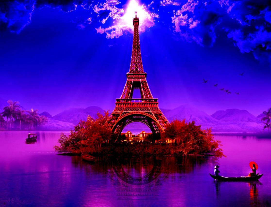 Eiffel Tower 桌布 壁紙 — 艾菲爾鐵塔雄偉地矗立在一個充滿活力的紫色島嶼上，周圍環繞著發光的水域，在超現實的暮色天空下。
