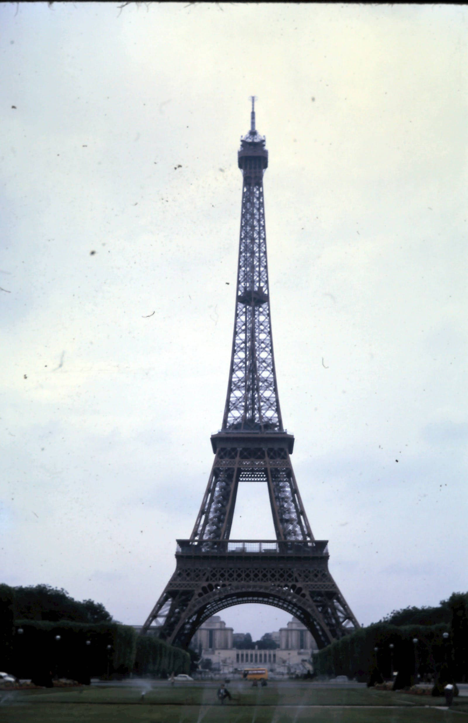 france iPhone 桌布 壁紙 — 艾菲爾鐵塔高聳入雲，天空多雲，前景有修剪整齊的樹籬和草地。