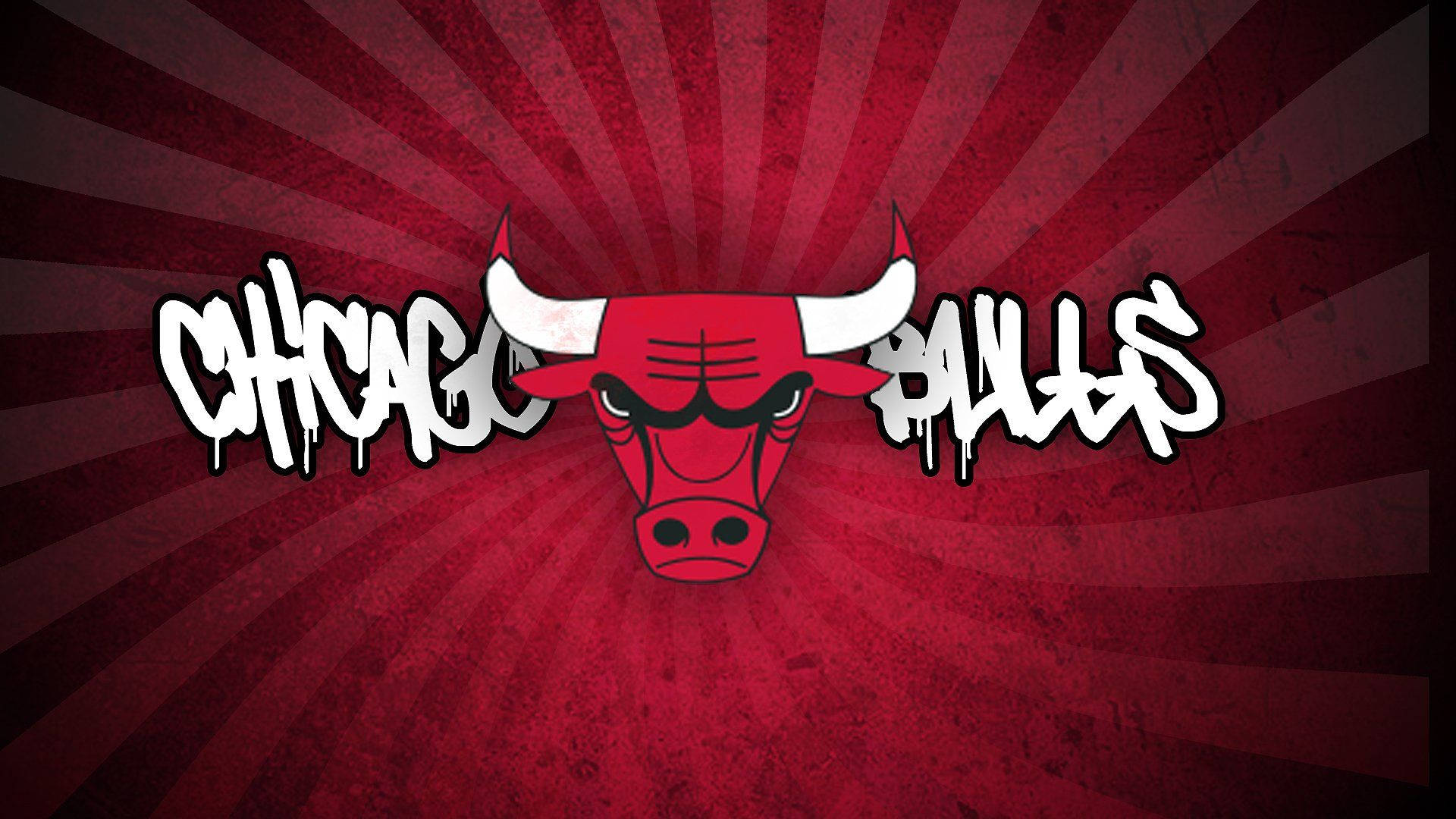 Chicago Bulls 桌布 壁紙 — 芝加哥公牛隊標誌，帶有粗體紅色公牛頭和塗鴉風格文字，位於紋理放射狀紅色背景上。