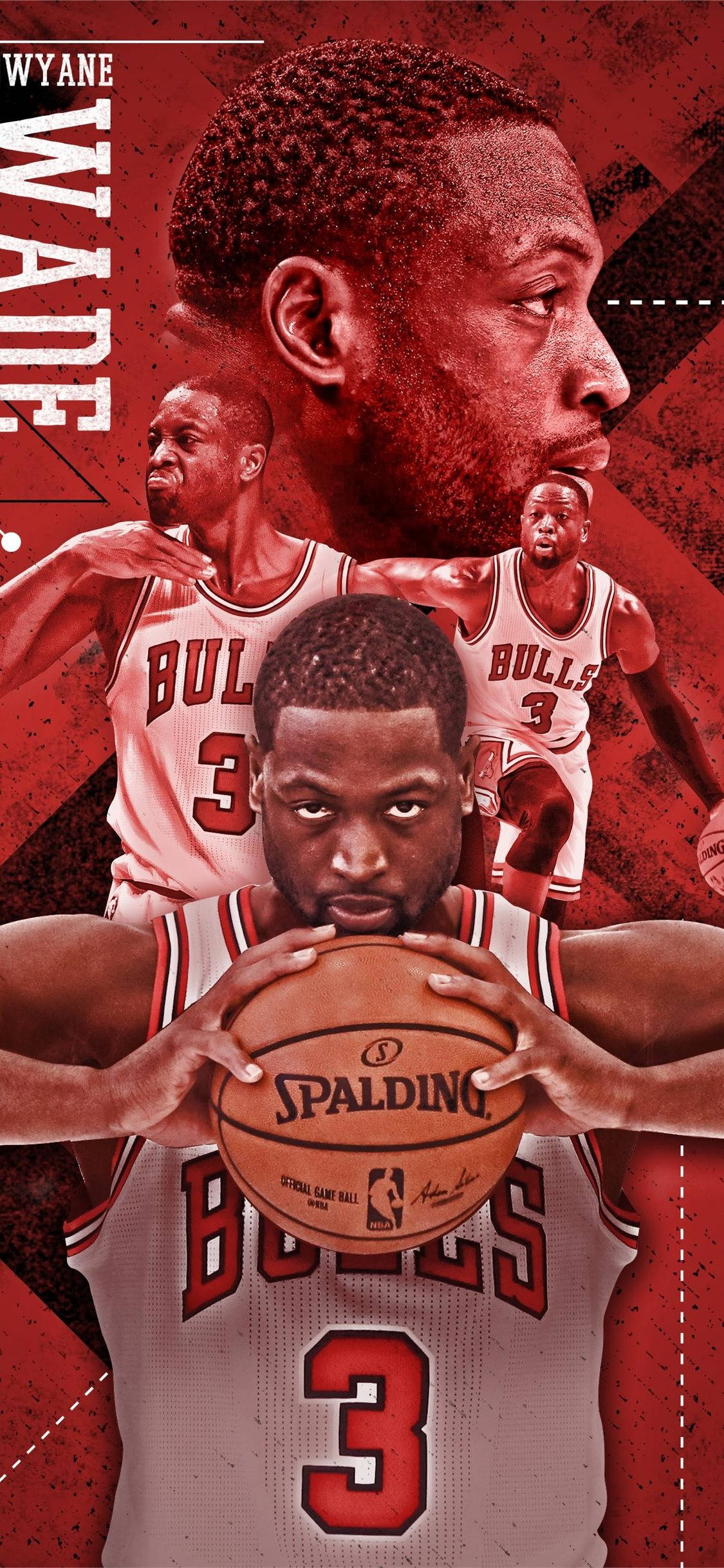 NBA 桌布 壁紙 — 芝加哥公牛隊球員Dwyane Wade身穿球衣，手持Spalding籃球，以鮮紅色紋理背景襯托的動感拼貼畫。
