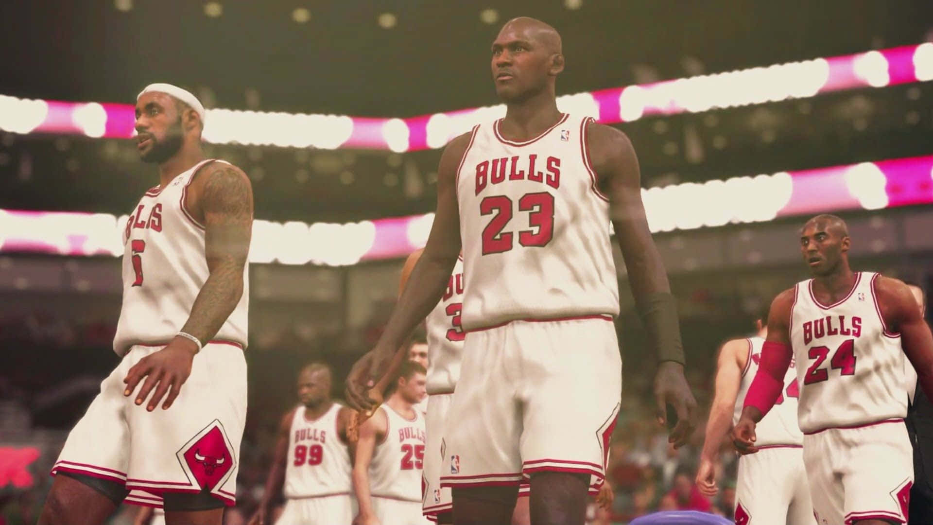 NBA 2k 桌布 壁紙 — 芝加哥公牛隊籃球運動員身穿白色球衣，站在場館燈光下明亮照明的球場上。