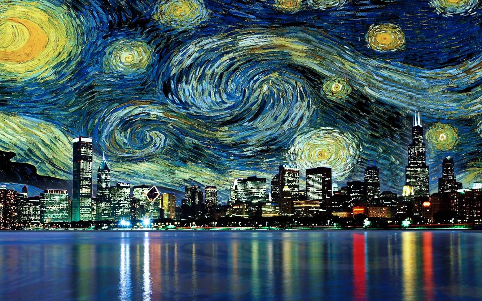 Vincent 桌布 壁紙 — 芝加哥夜景，在梵谷標誌性風格繪製的漩渦星空下。