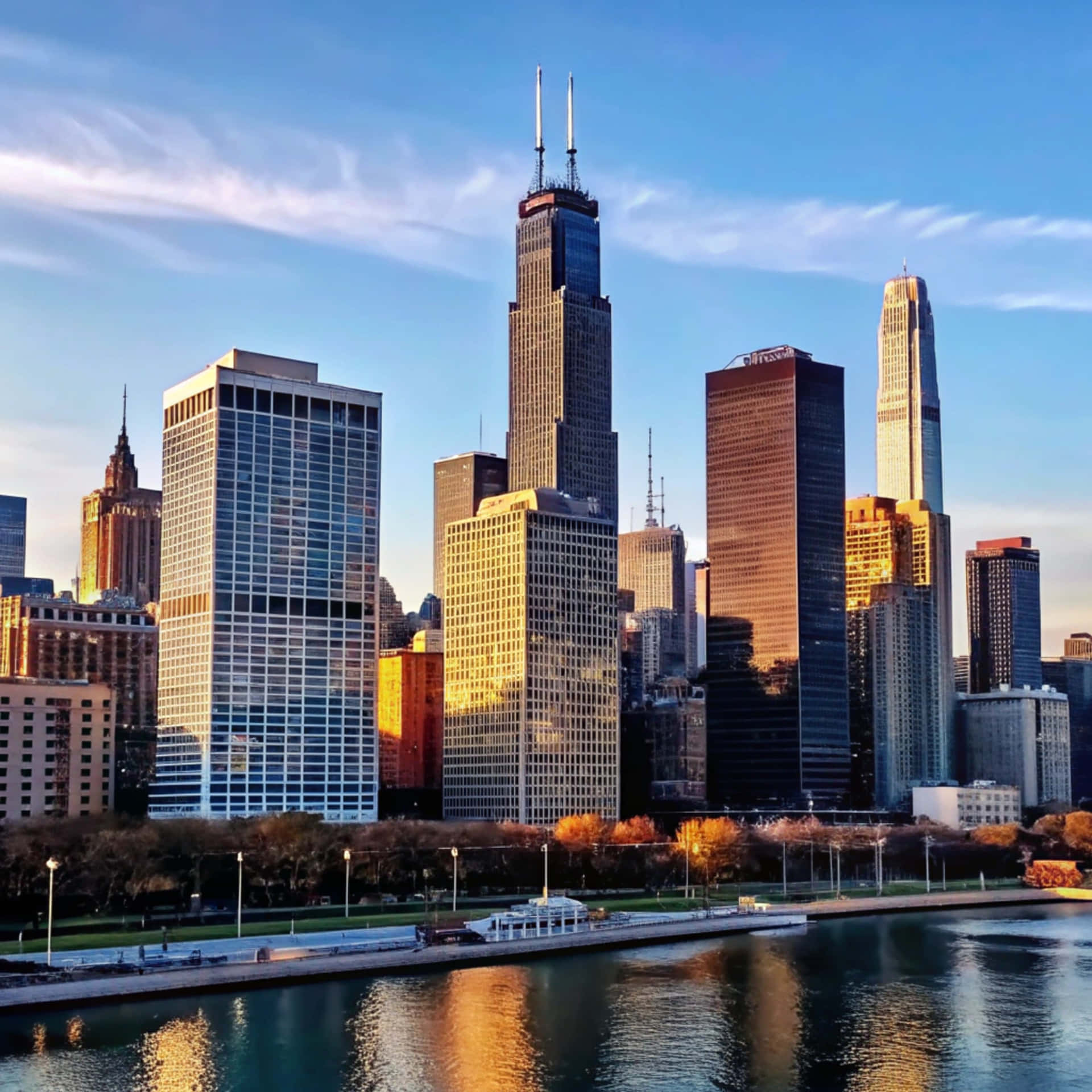 Chicago Skyline 壁紙 — 芝加哥天際線在黃金時段，摩天大樓倒映在河中，海濱的秋樹。