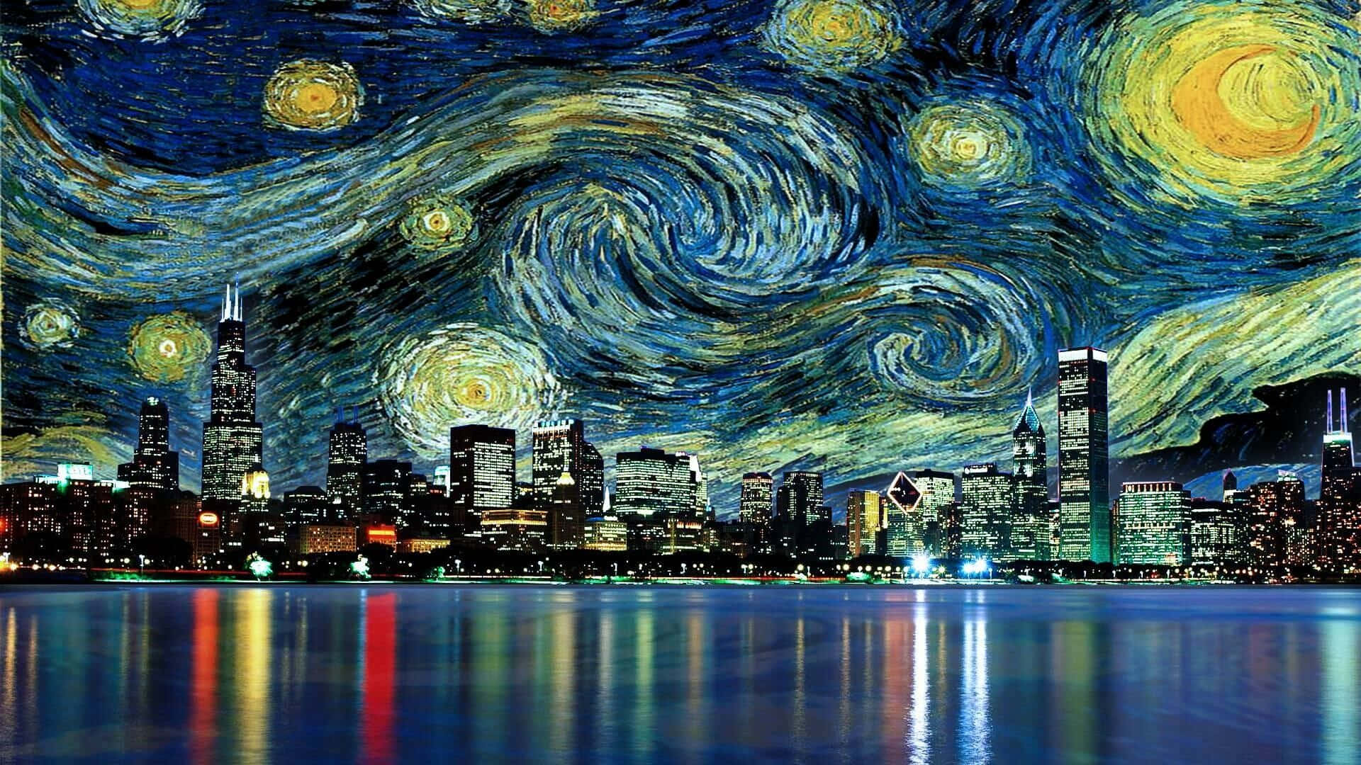 芝加哥天際線夜景，帶有旋轉星空和水面倒影 — 梵高 壁紙