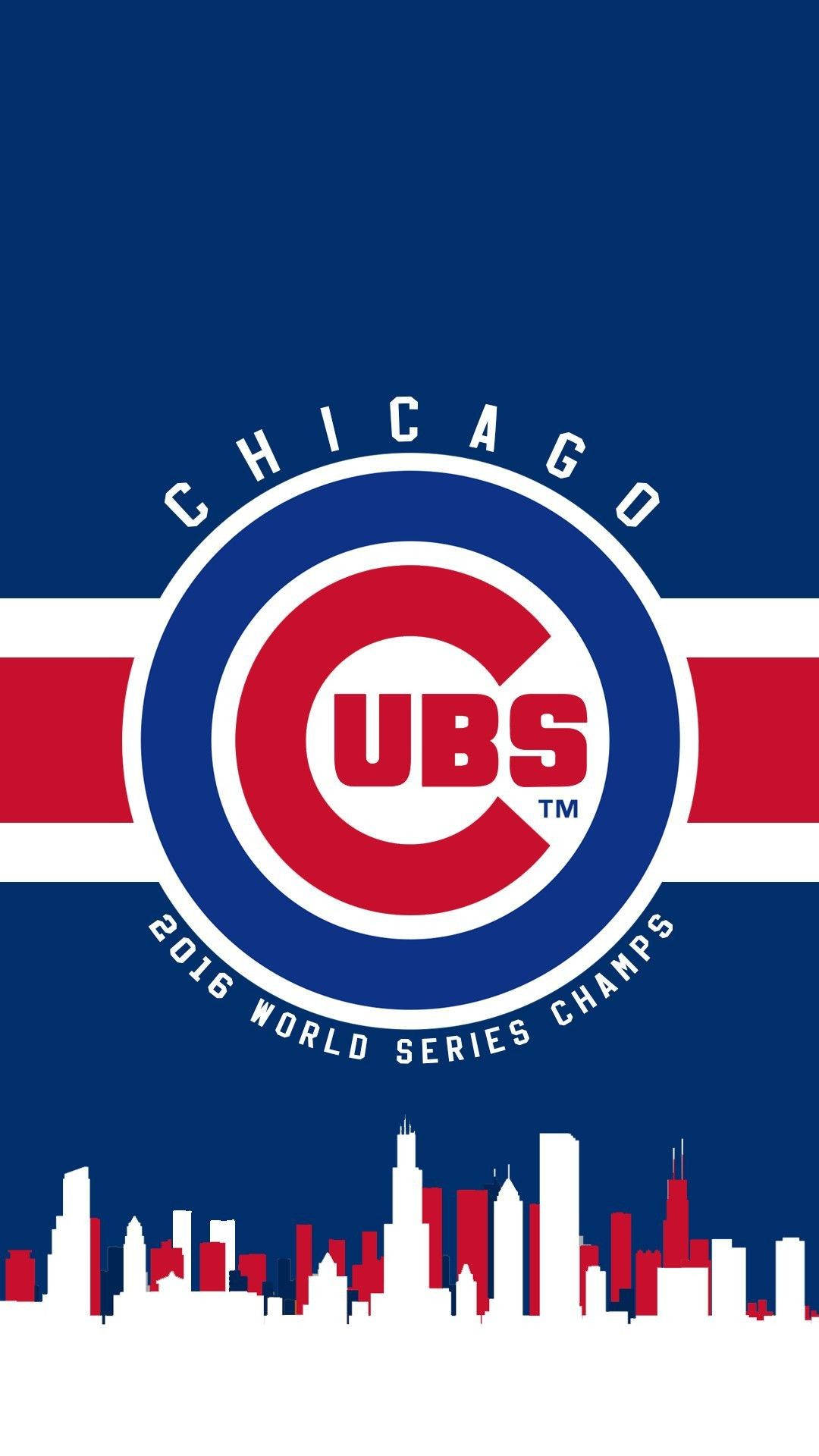 Cubs 桌布 壁紙 — 芝加哥小熊隊2016年世界大賽冠軍標誌居中於球隊顏色的風格化城市天際線之上。