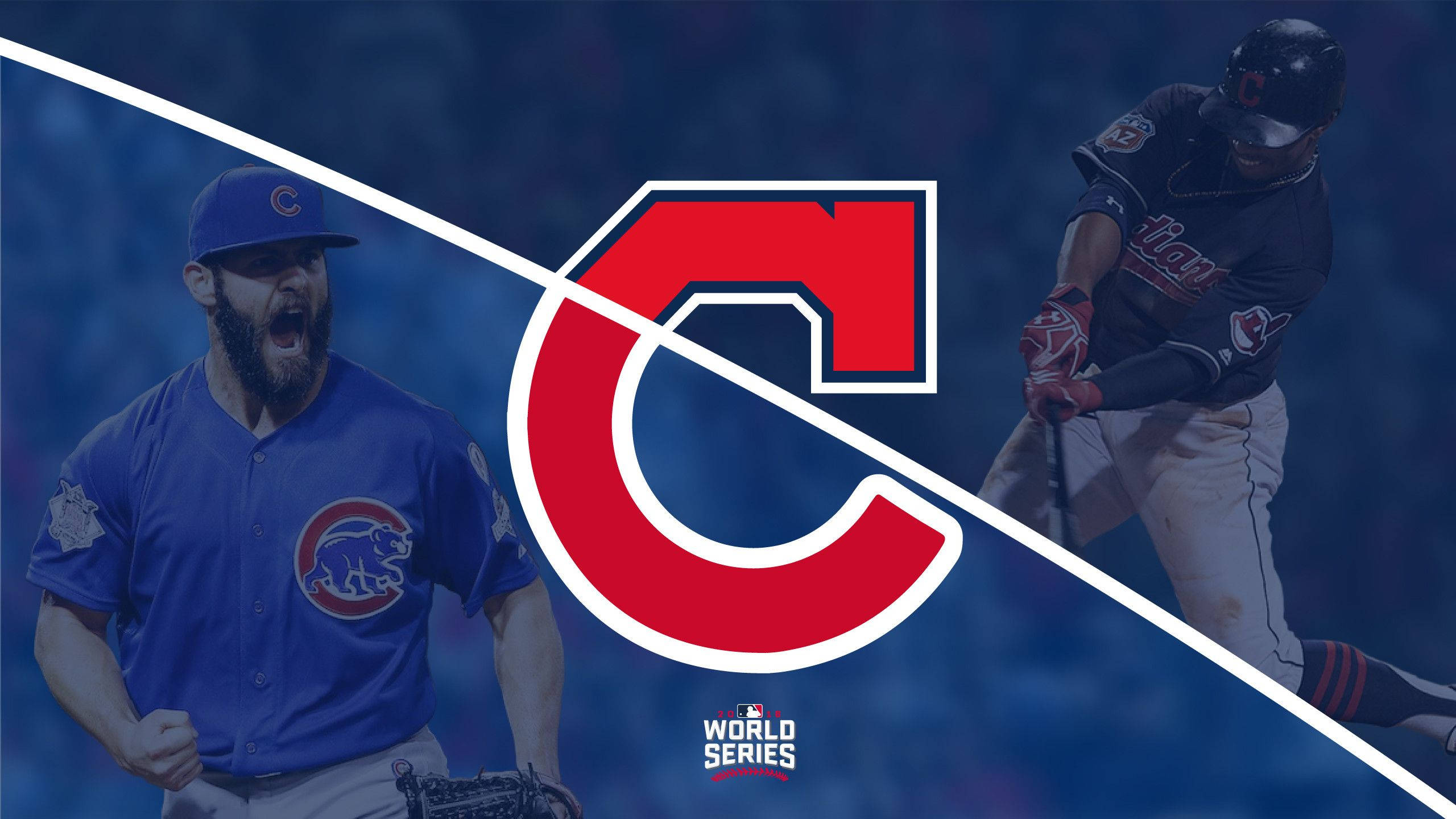 Cleveland Indians 桌布 壁紙 — 芝加哥小熊隊和克里夫蘭守護者隊的棒球選手被一個帶有世界大賽文字的紅色大C標誌分隔開。